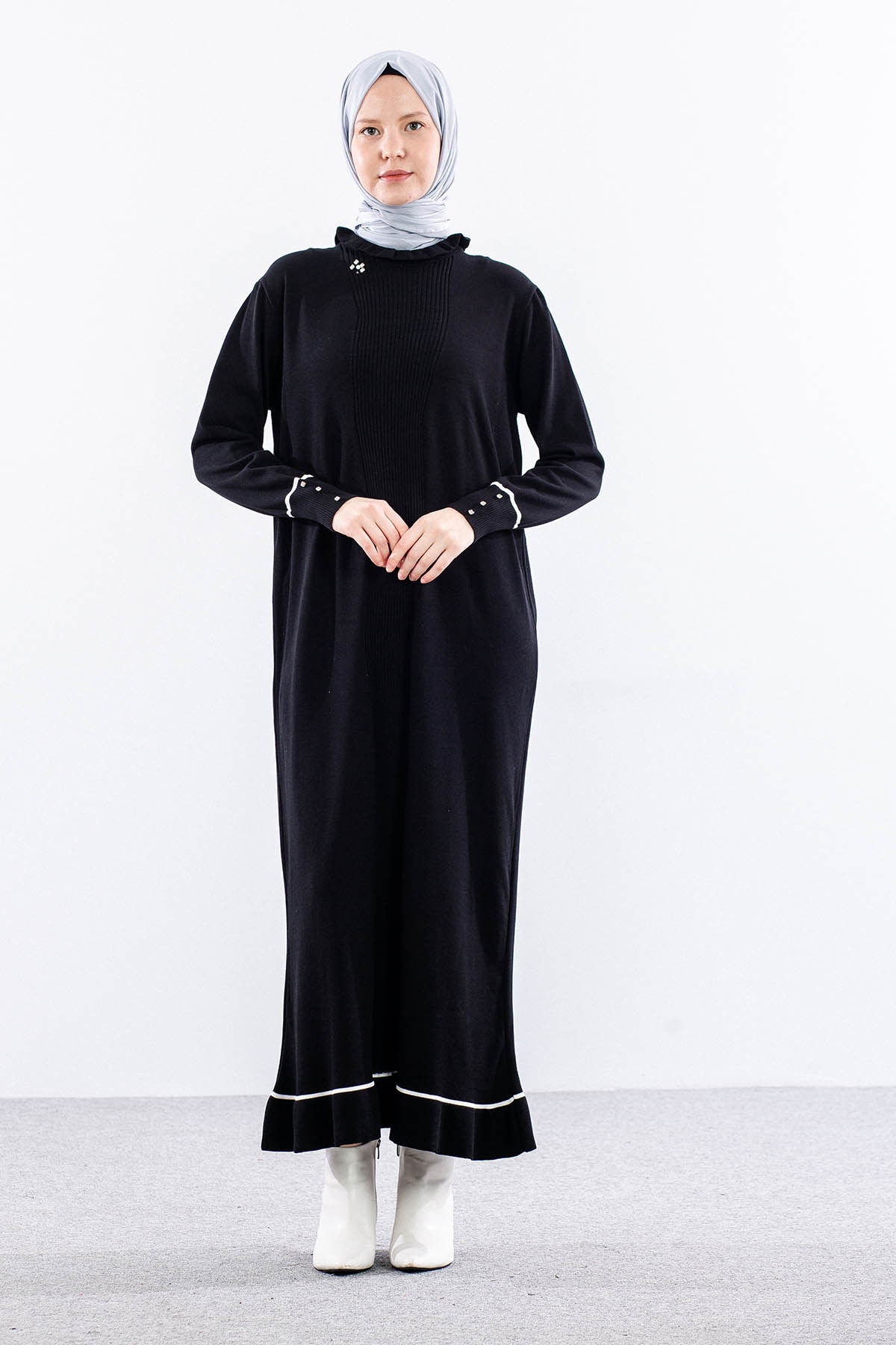 6825 Triko Elbise Tek Tasli - Siyah - 1