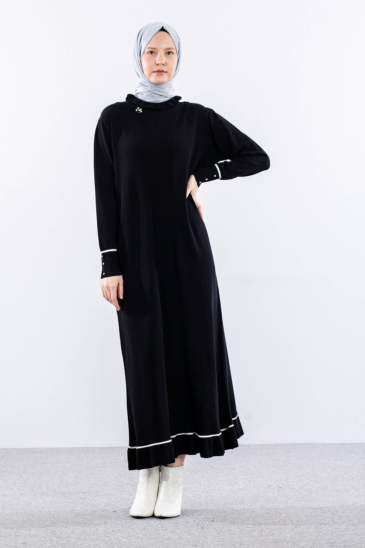 6825 Triko Elbise Tek Tasli - Siyah - 3