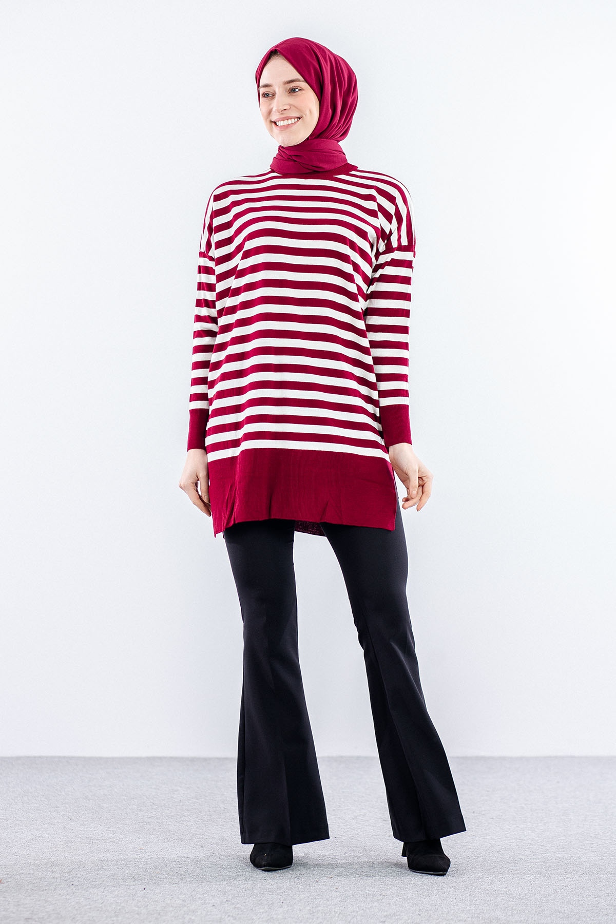 7039 çizgi örme Tunik Tek - Bordo - 1