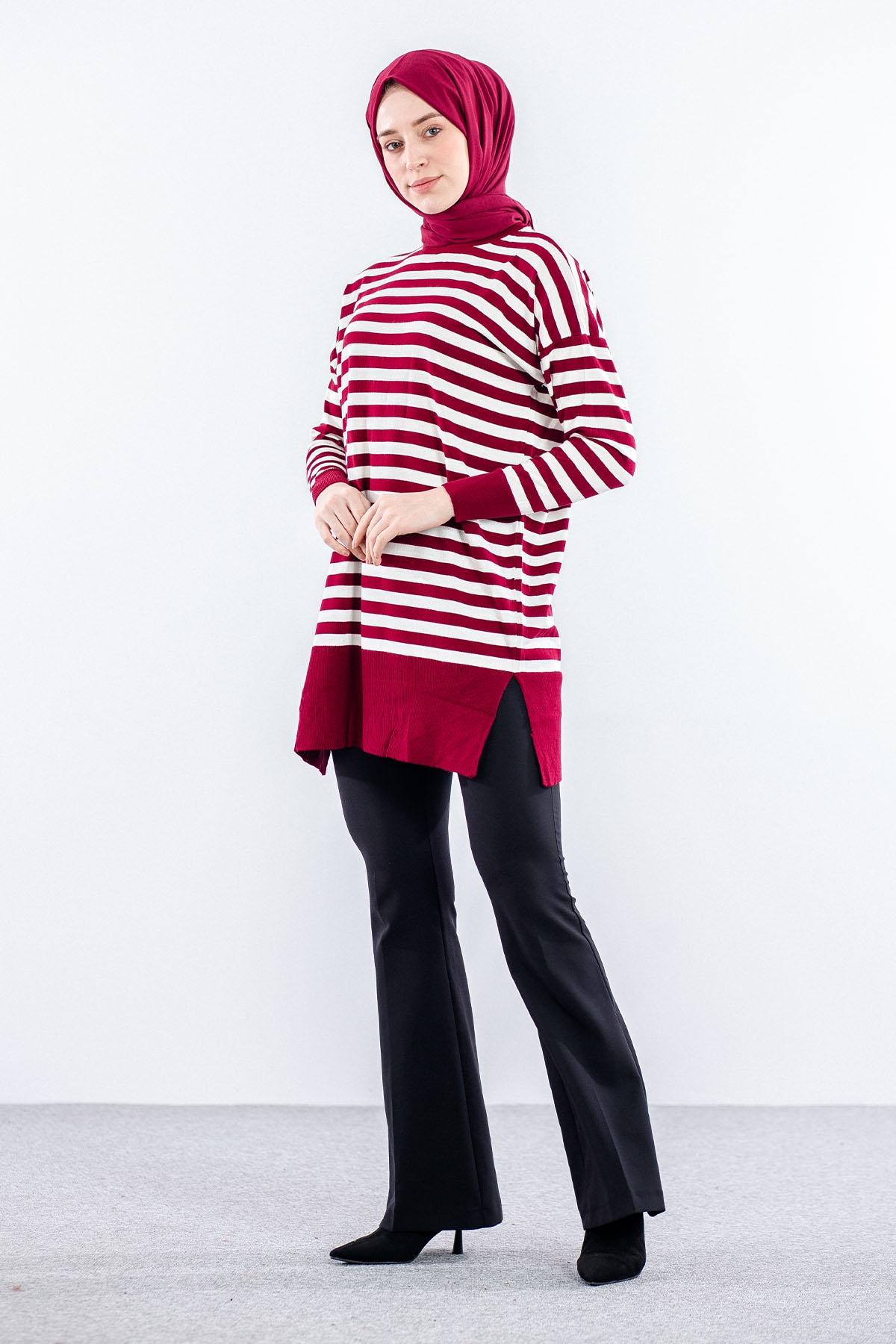 7039 çizgi örme Tunik Tek - Bordo - 2