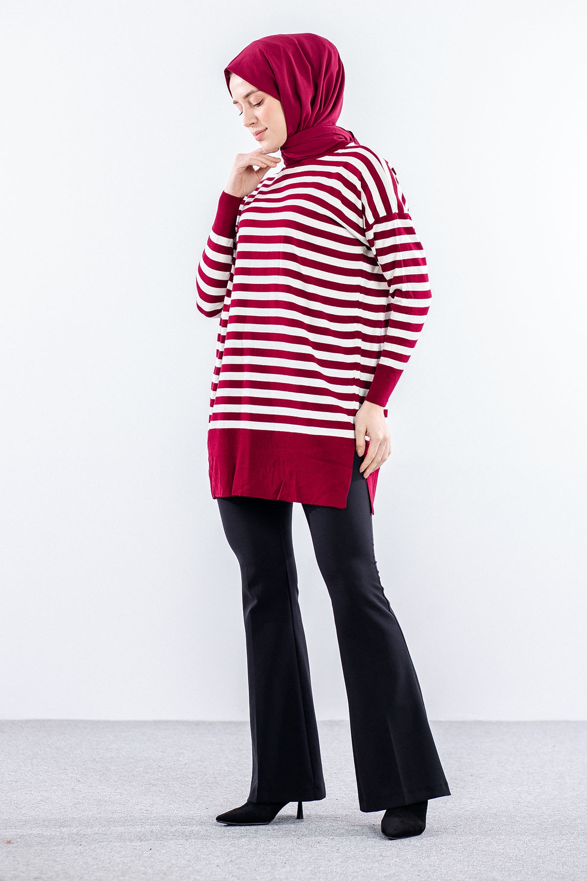 7039 çizgi örme Tunik Tek - Bordo - 3