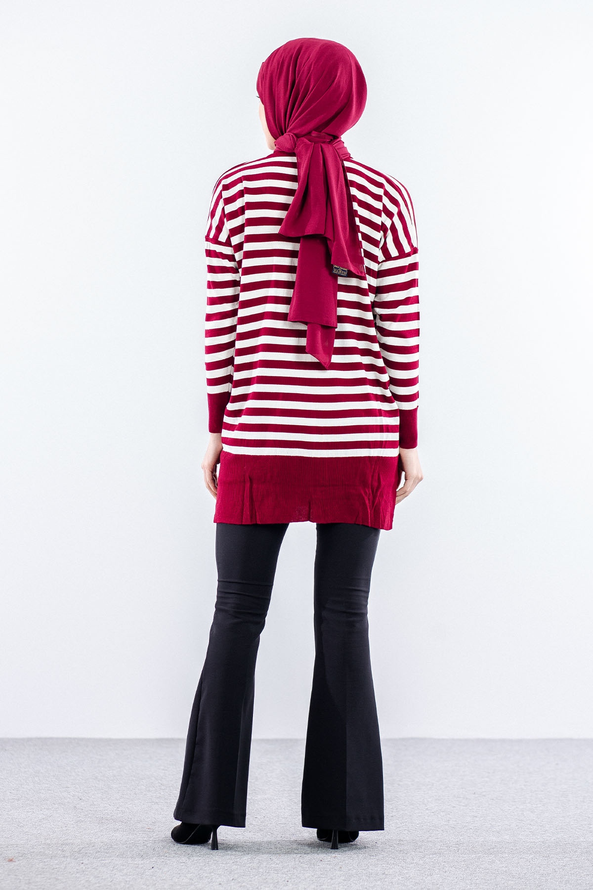 7039 çizgi örme Tunik Tek - Bordo - 4