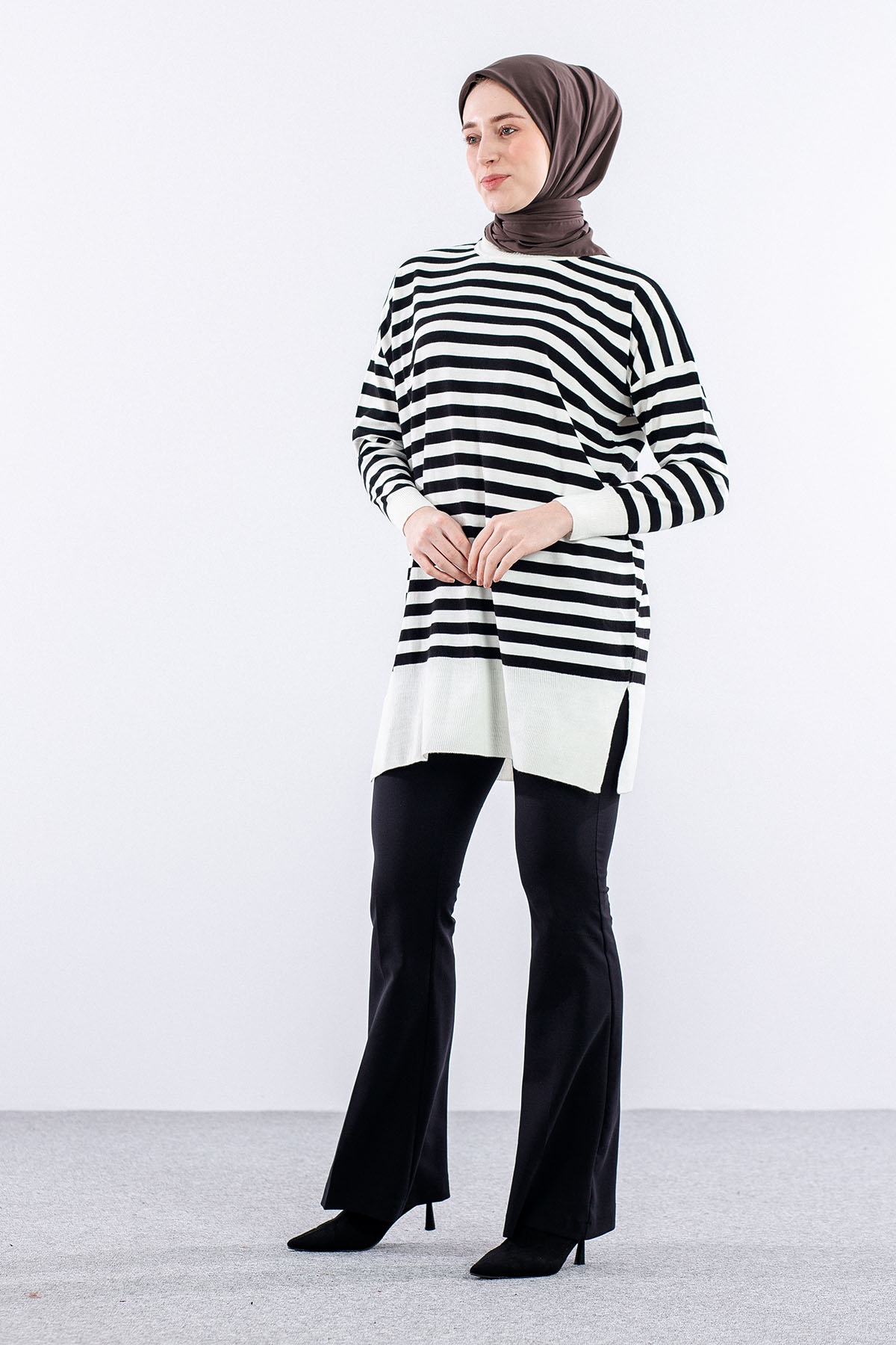 7039 çizgi örme Tunik Tek - Ekru_siyah - 3