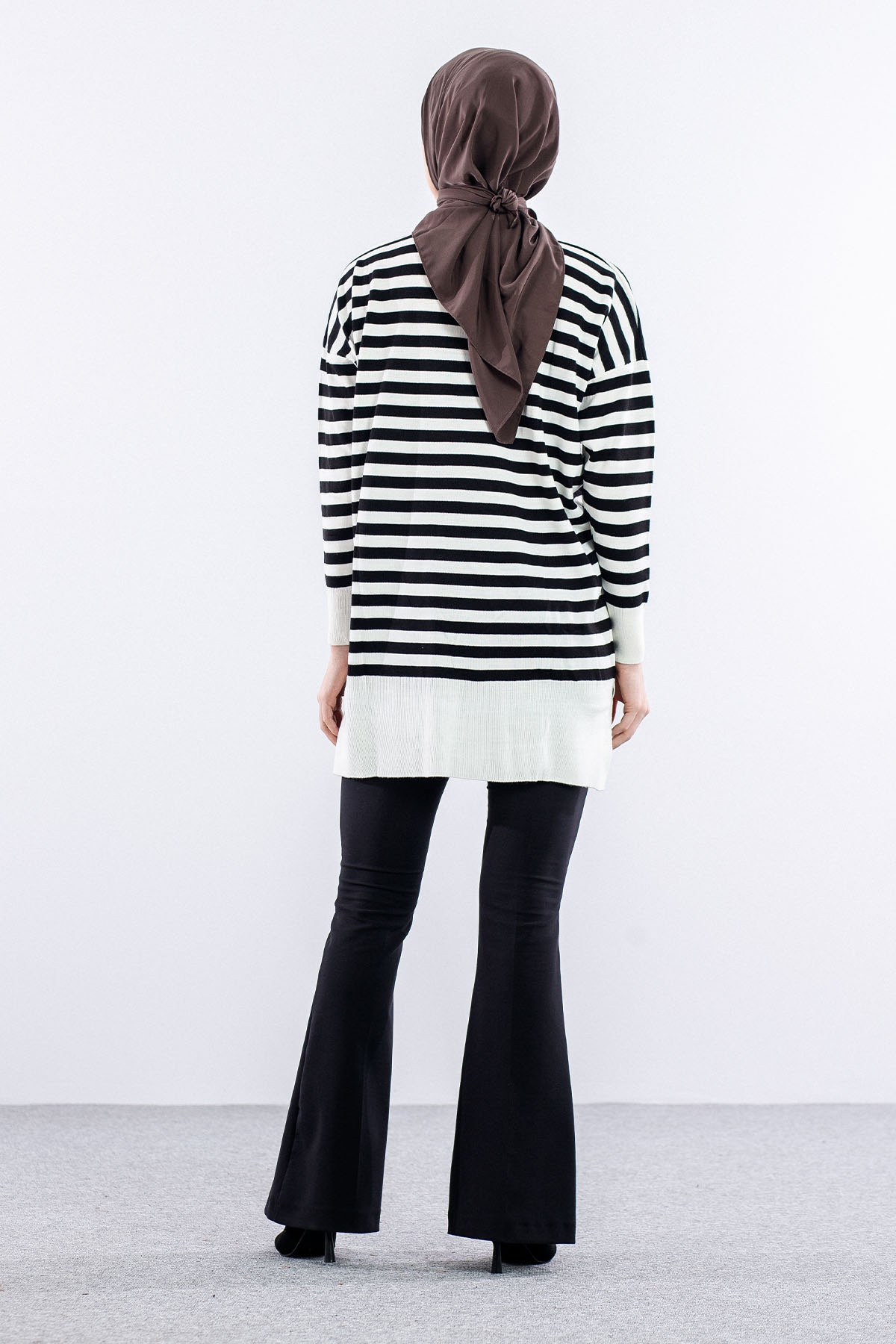 7039 çizgi örme Tunik Tek - Ekru_siyah - 5