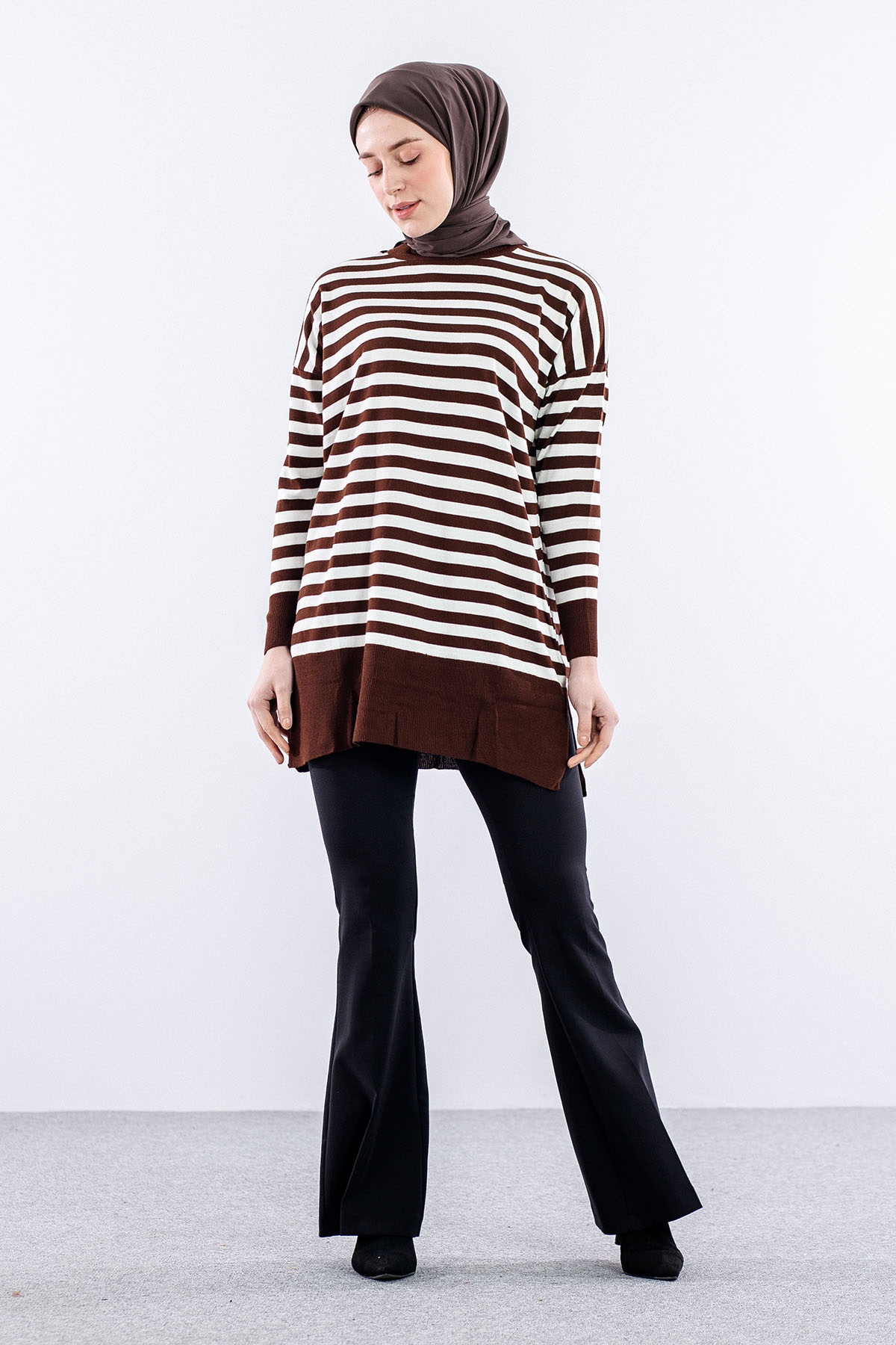 7039 çizgi örme Tunik Tek - Kahve - 2