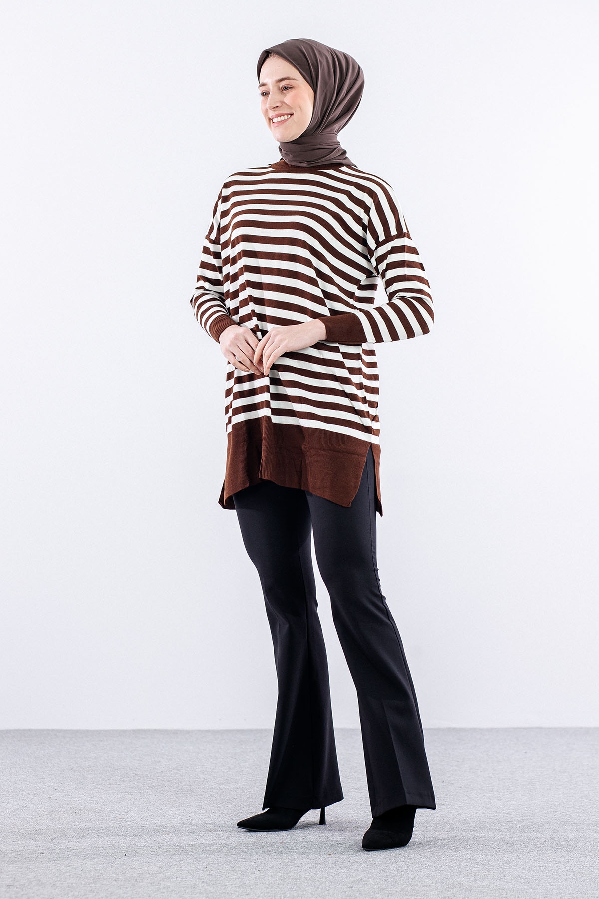 7039 çizgi örme Tunik Tek - Kahve - 3