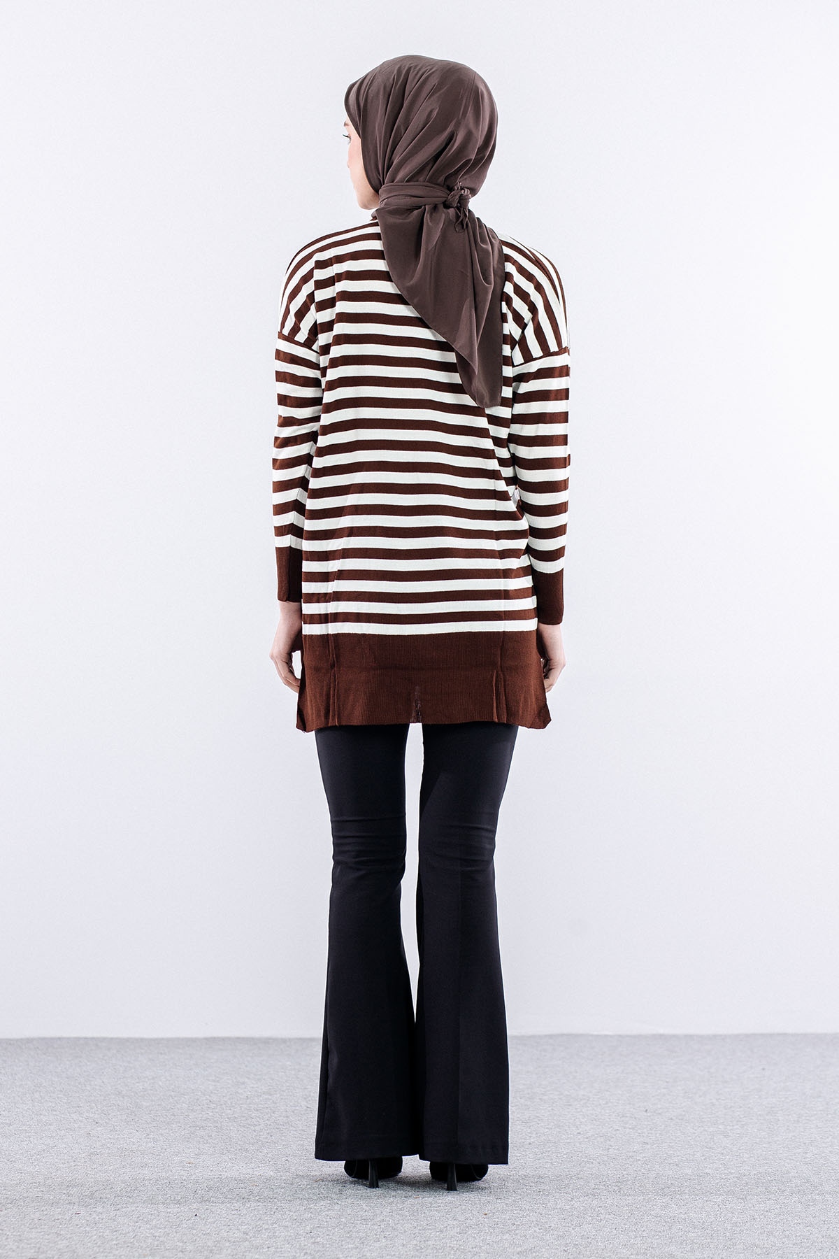 7039 çizgi örme Tunik Tek - Kahve - 4