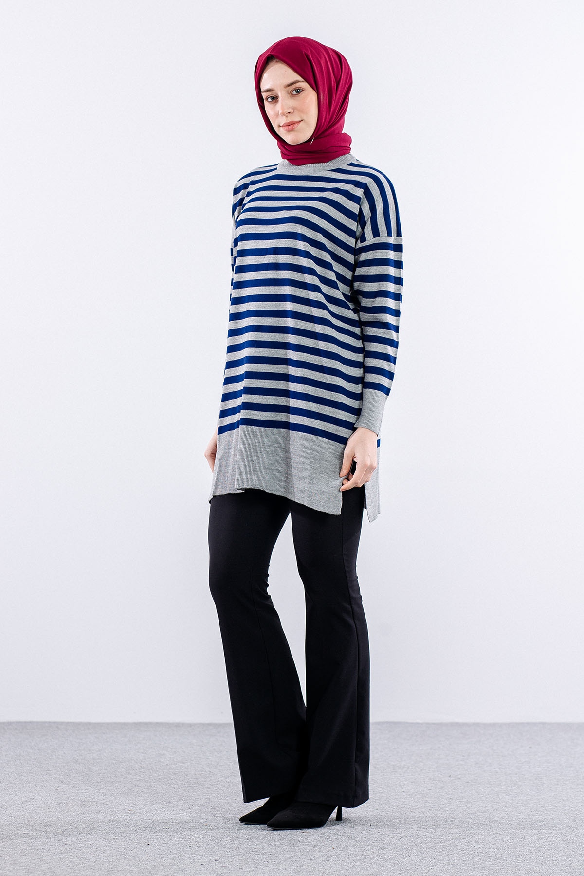 7039 çizgi örme Tunik Tek - Laci_gri - 1