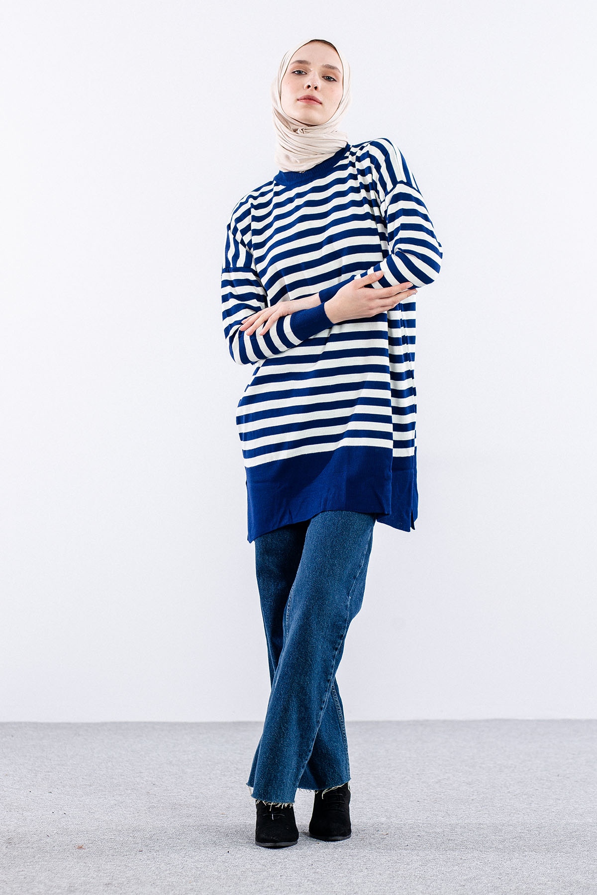 7039 çizgi örme Tunik Tek - Lacivert_beyaz - 1