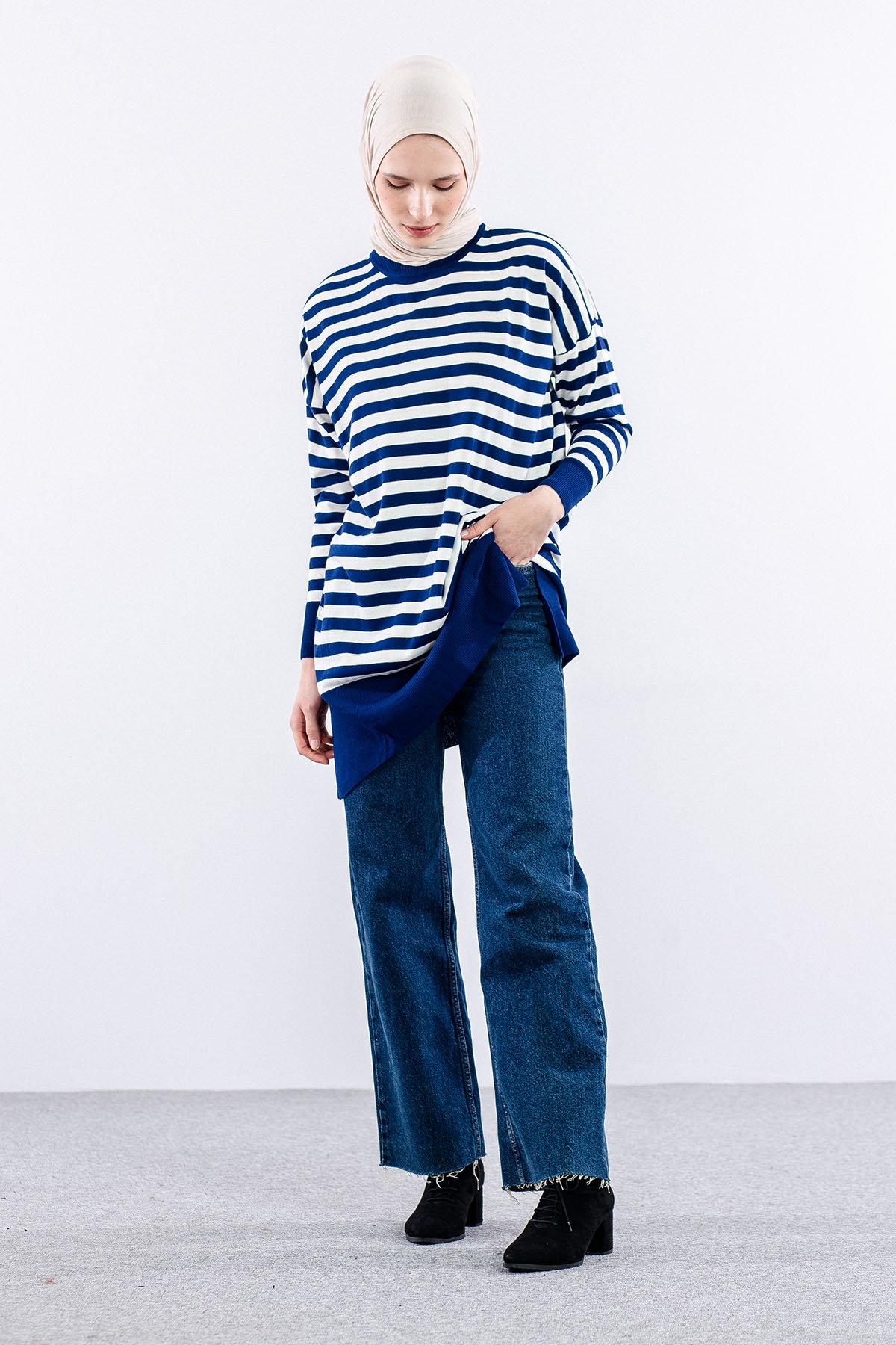 7039 çizgi örme Tunik Tek - Lacivert_beyaz - 2