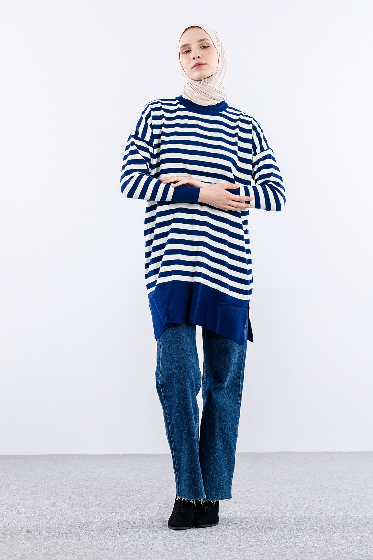 7039 çizgi örme Tunik Tek - Lacivert_beyaz - 3