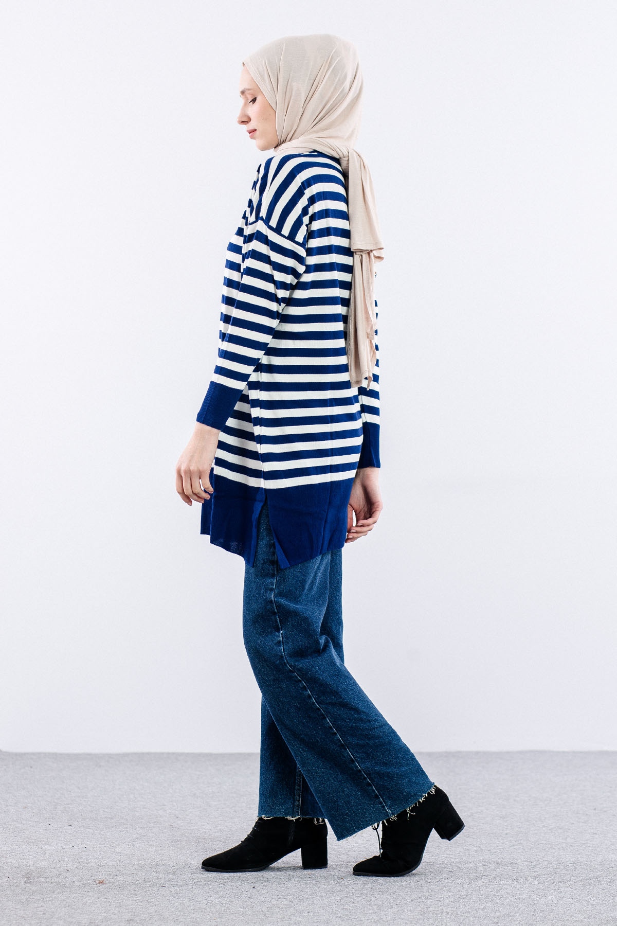 7039 çizgi örme Tunik Tek - Lacivert_beyaz - 4