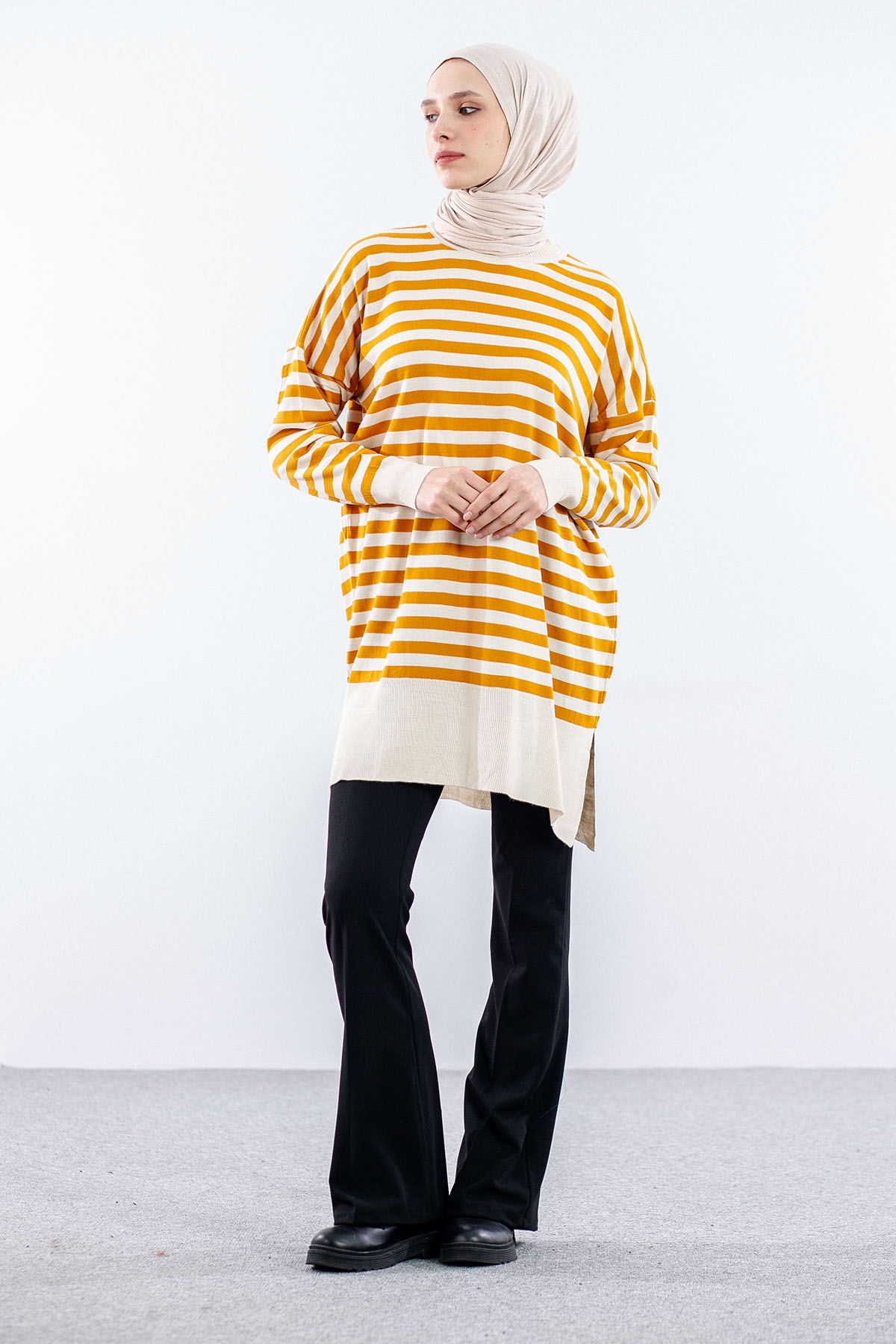 7039 çizgi örme Tunik Tek - Orange - 1