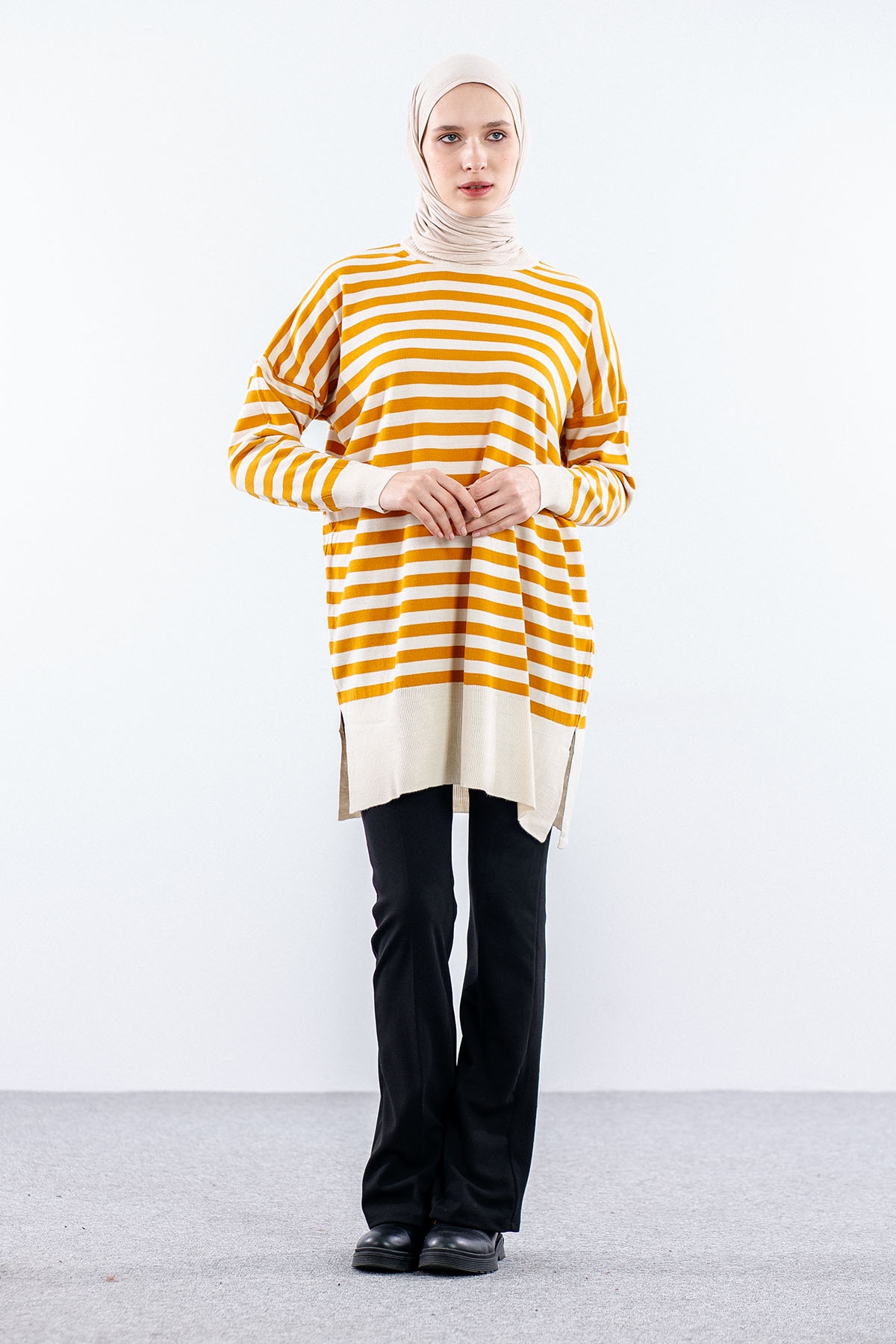 7039 çizgi örme Tunik Tek - Orange - 2