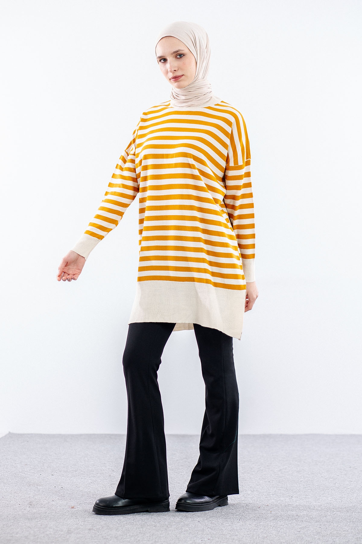 7039 çizgi örme Tunik Tek - Orange - 3