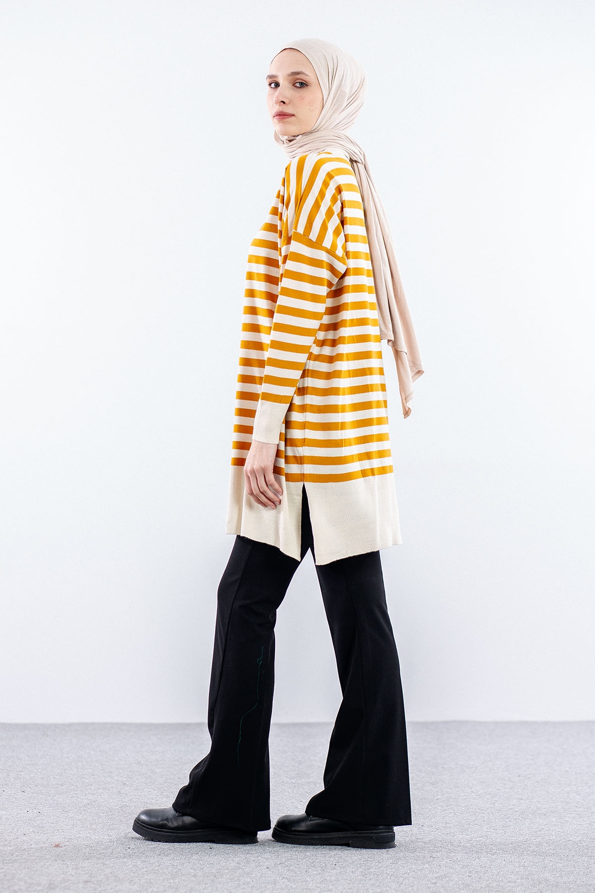 7039 çizgi örme Tunik Tek - Orange - 4