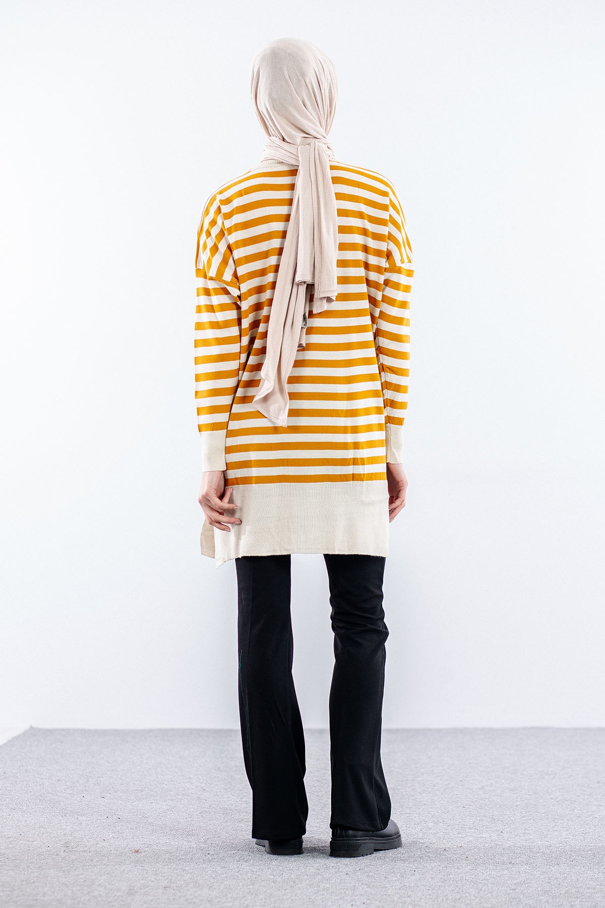 7039 çizgi örme Tunik Tek - Orange - 5