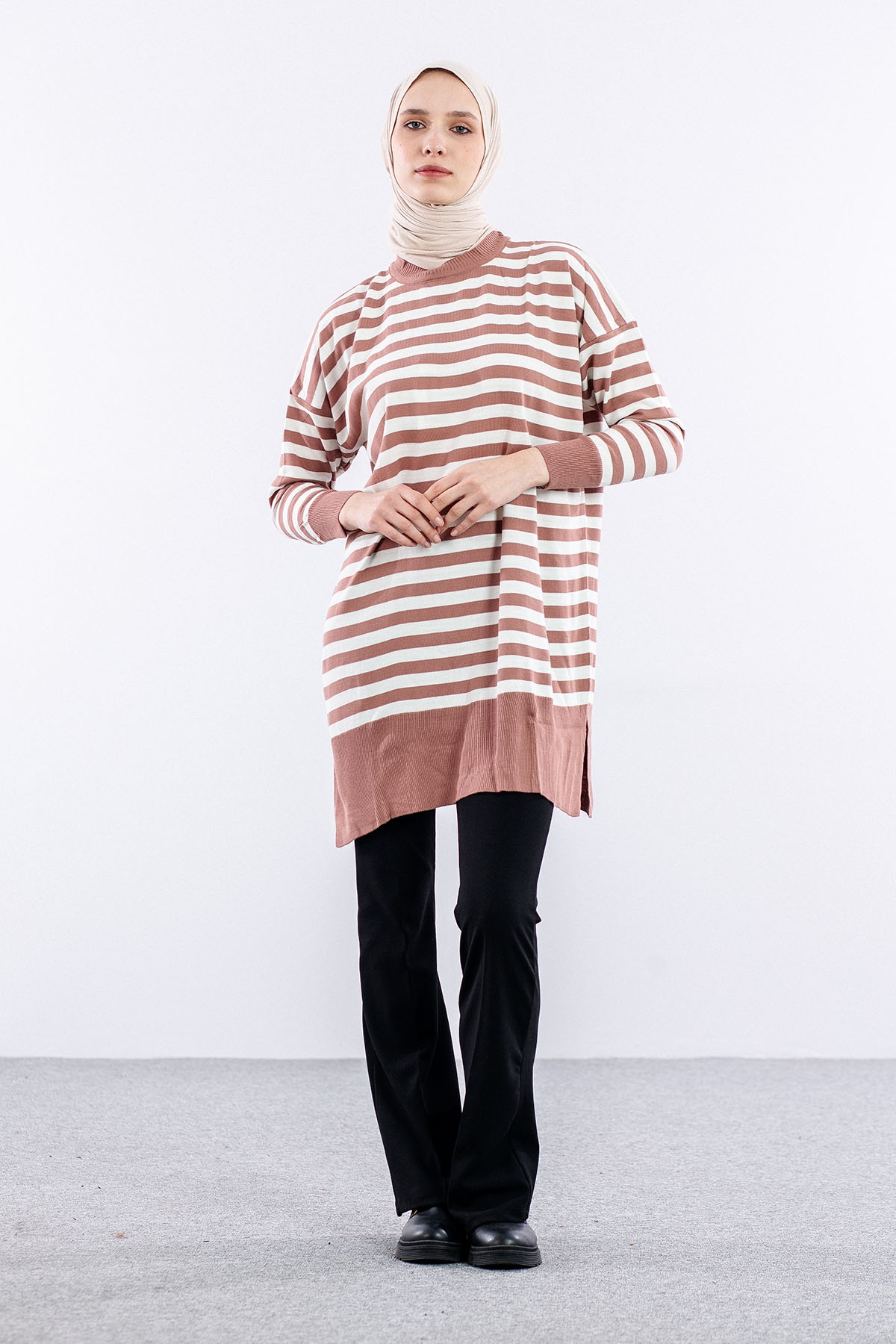 7039 çizgi örme Tunik Tek - Pudra - 1