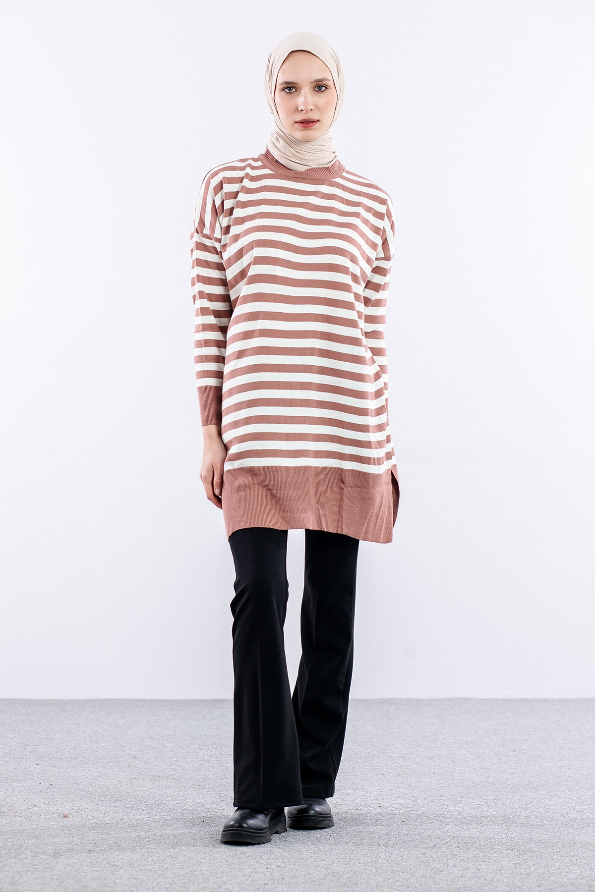 7039 çizgi örme Tunik Tek - Pudra - 2