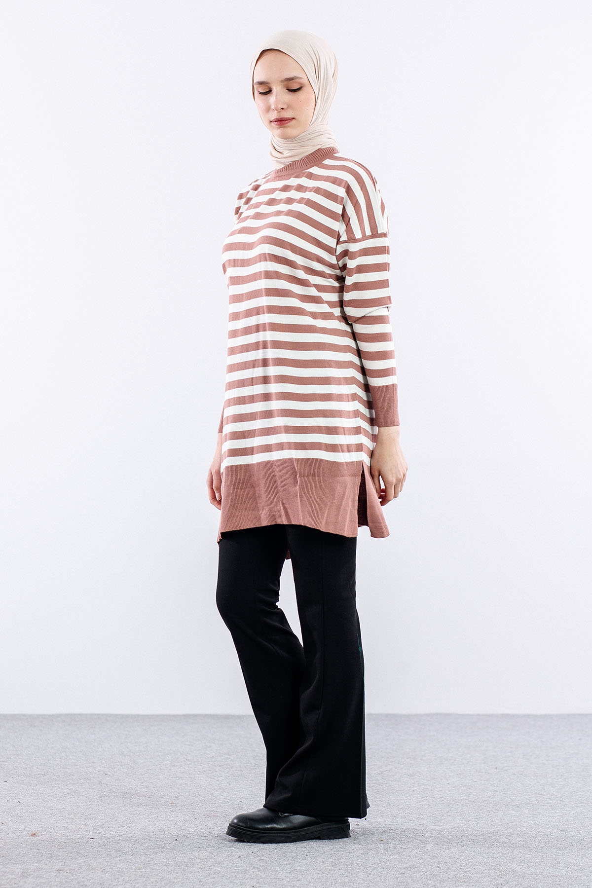 7039 çizgi örme Tunik Tek - Pudra - 3