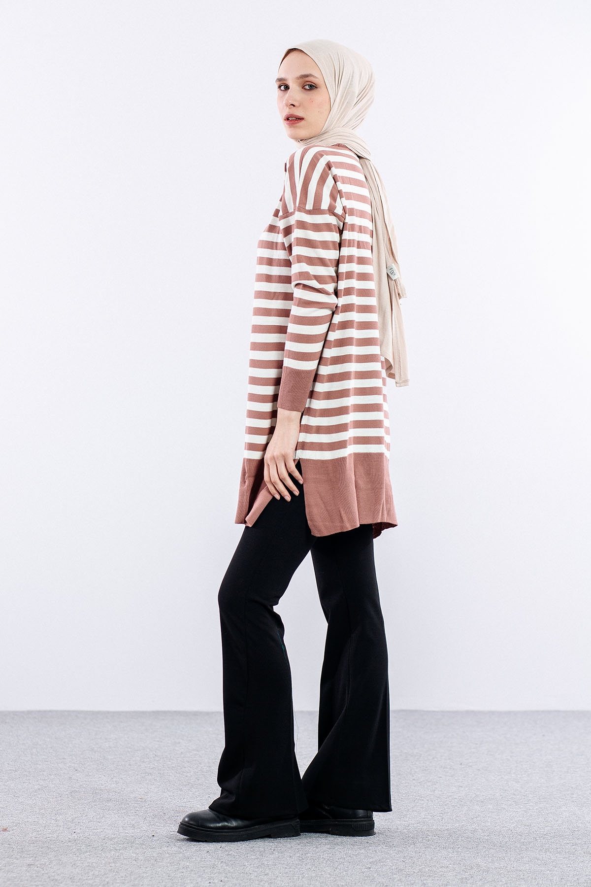 7039 çizgi örme Tunik Tek - Pudra - 4