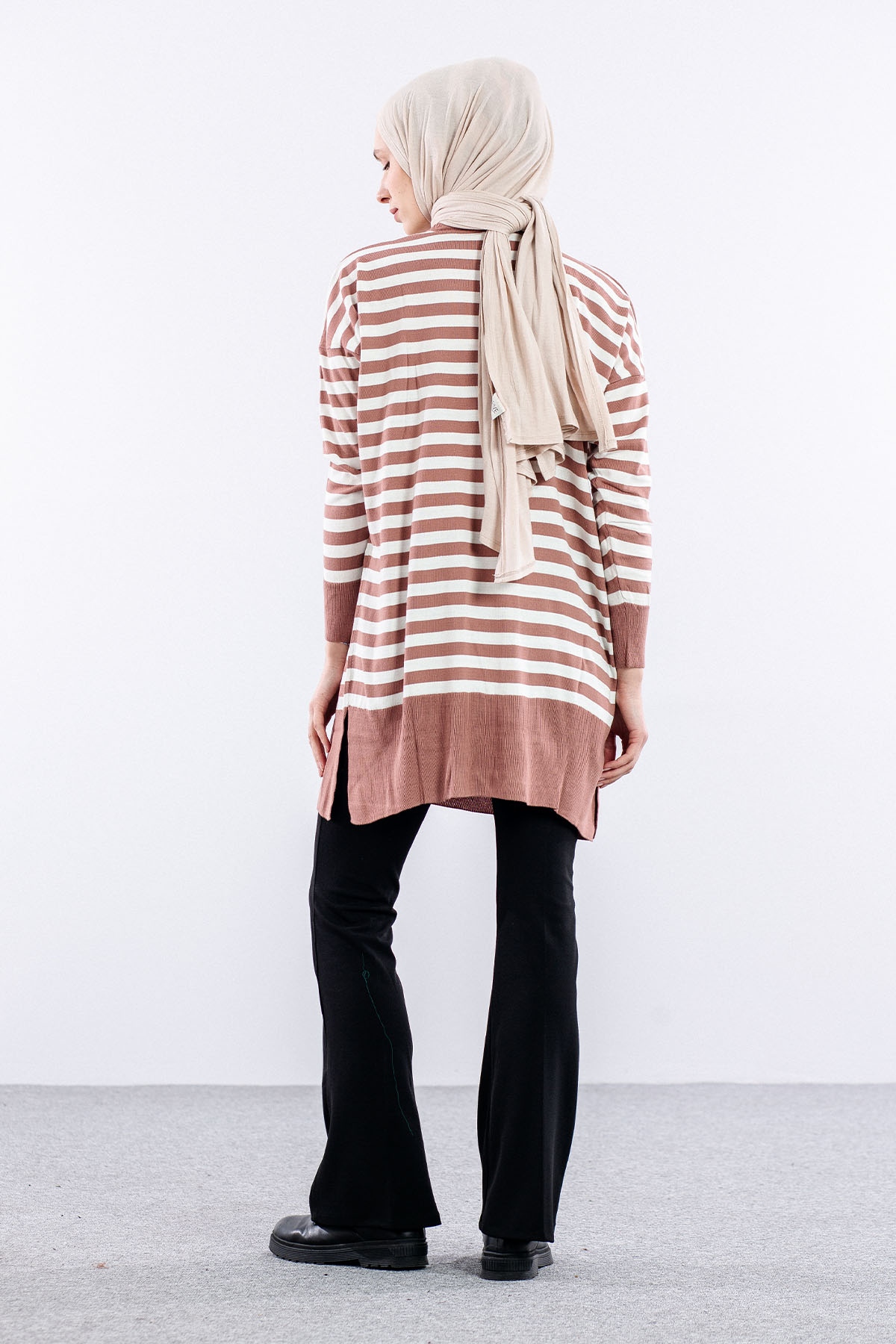 7039 çizgi örme Tunik Tek - Pudra - 5