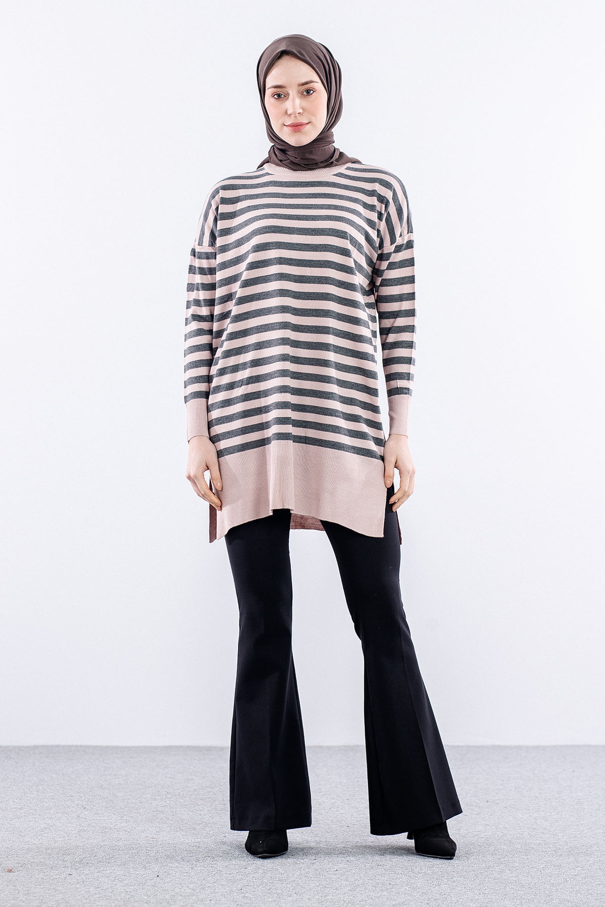 7039 çizgi örme Tunik Tek - Pudra_gri - 1