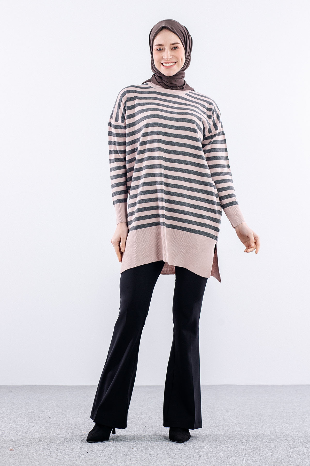 7039 çizgi örme Tunik Tek - Pudra_gri - 2