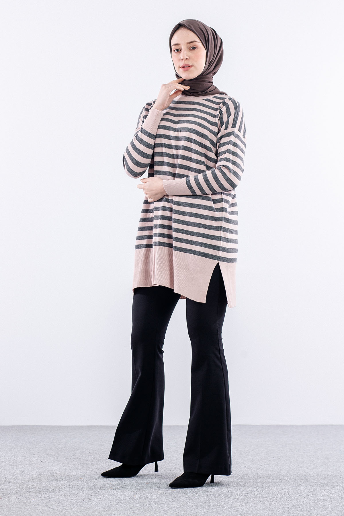 7039 çizgi örme Tunik Tek - Pudra_gri - 4