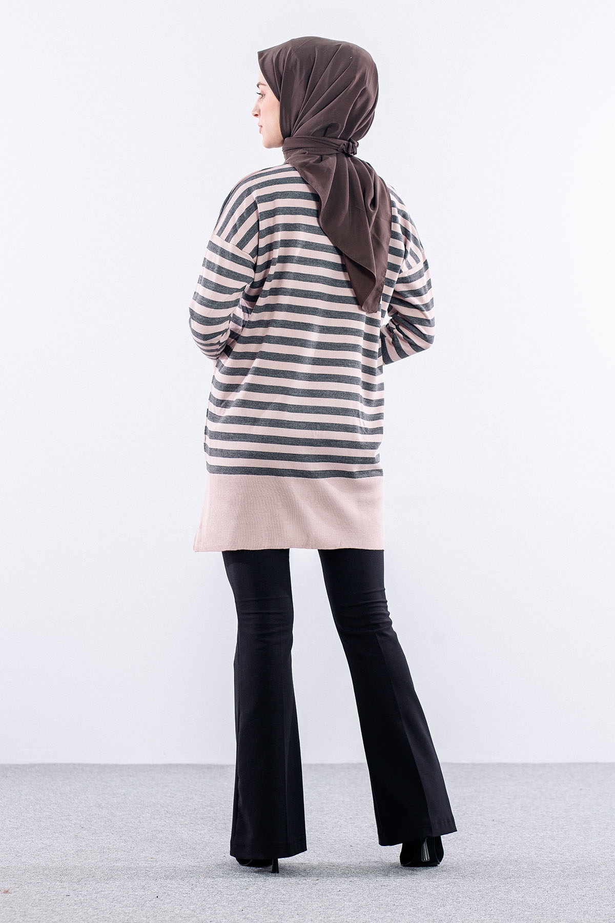 7039 çizgi örme Tunik Tek - Pudra_gri - 5