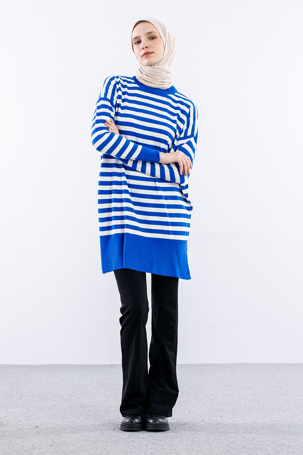 7039 çizgi örme Tunik Tek - Sax - 1