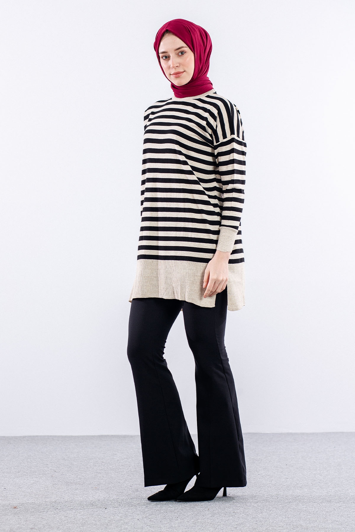 7039 çizgi örme Tunik Tek - Siyah_bej - 2