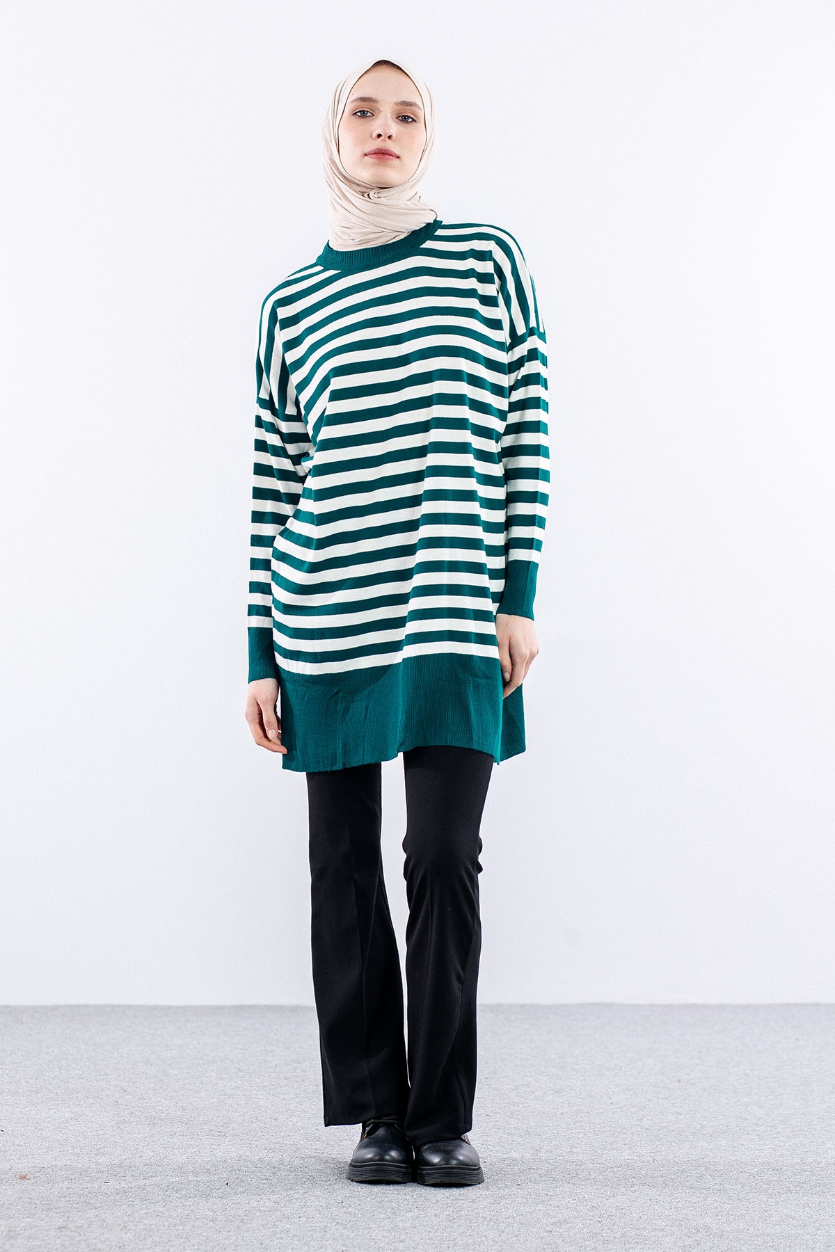 7039 çizgi örme Tunik Tek - Yesil - 1