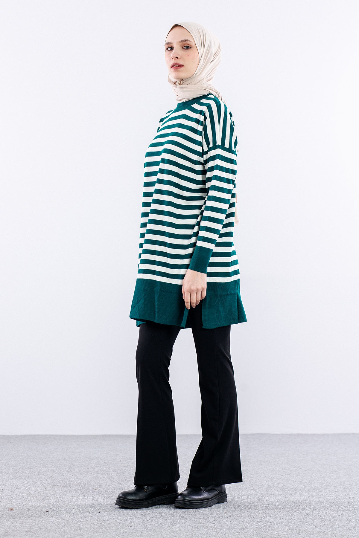 7039 çizgi örme Tunik Tek - Yesil - 2