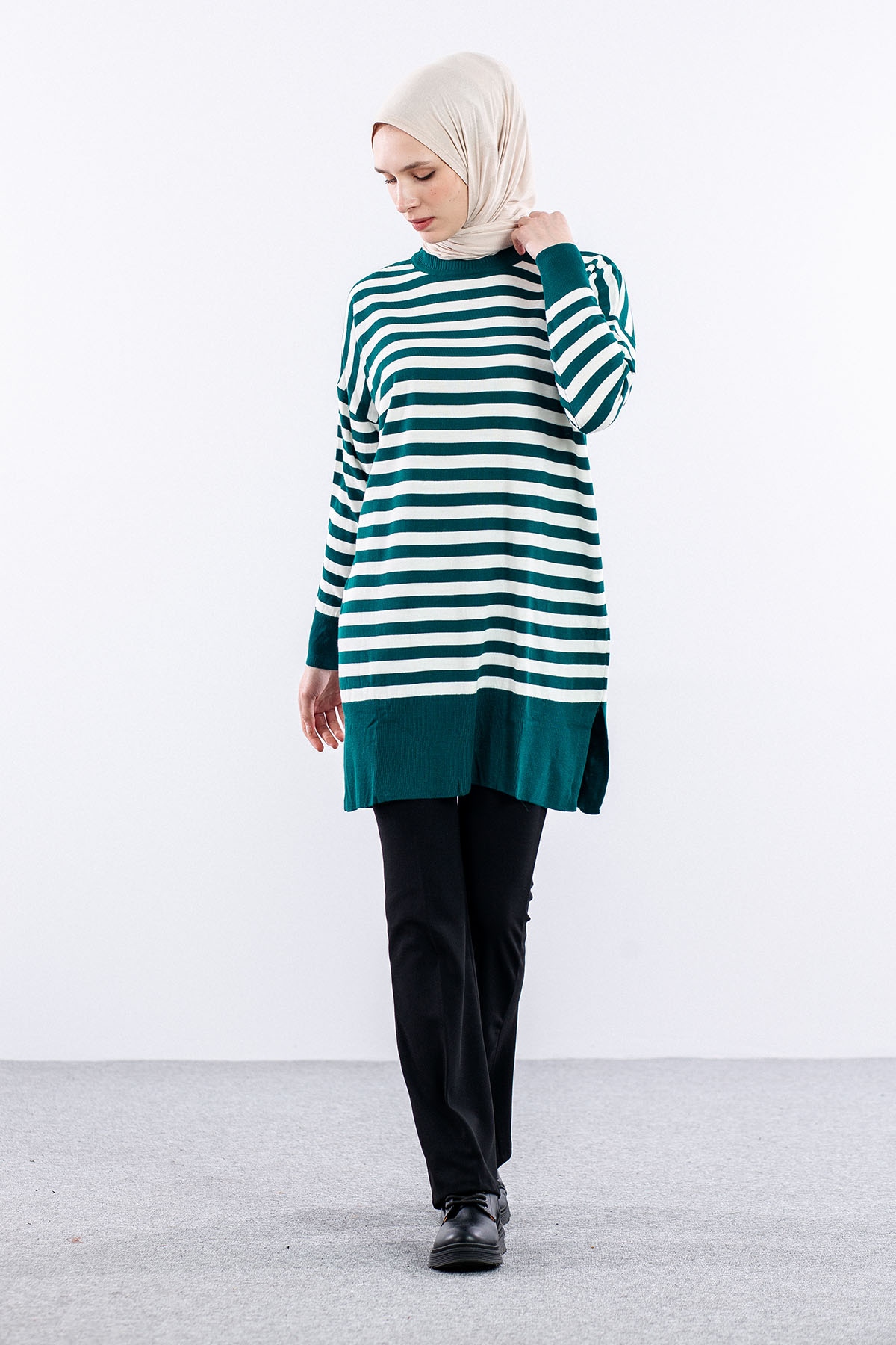 7039 çizgi örme Tunik Tek - Yesil - 3