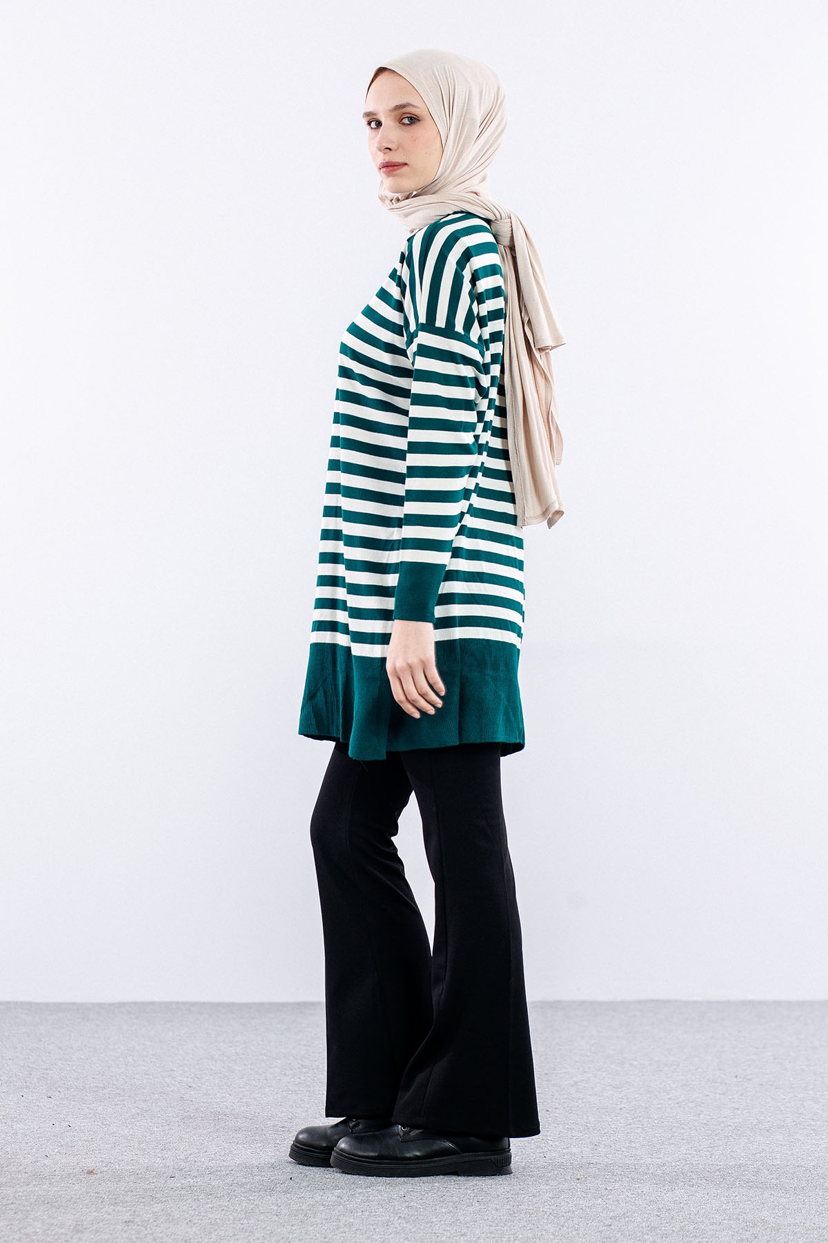 7039 çizgi örme Tunik Tek - Yesil - 4