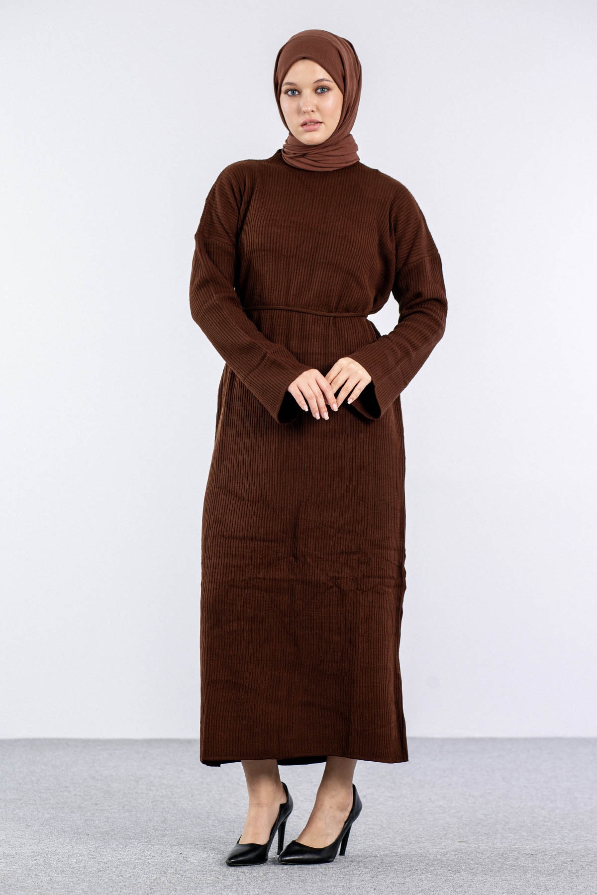 7050 Triko Elbise Tek - Kahve - 1