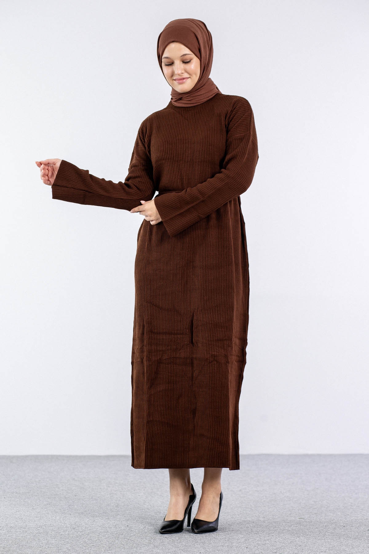 7050 Triko Elbise Tek - Kahve - 2