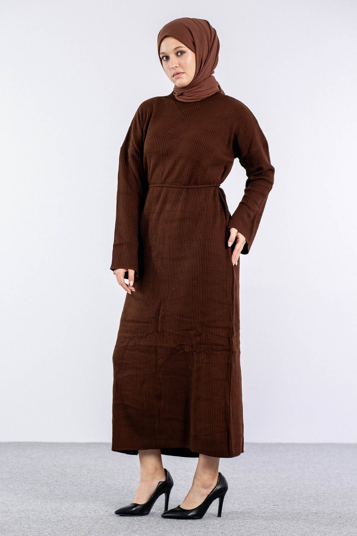 7050 Triko Elbise Tek - Kahve - 3