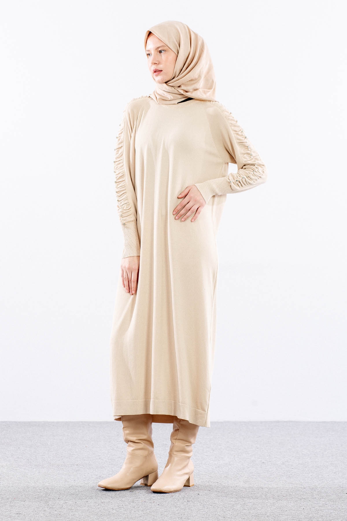 7055 Triko Elbise Tek - Bej - 1