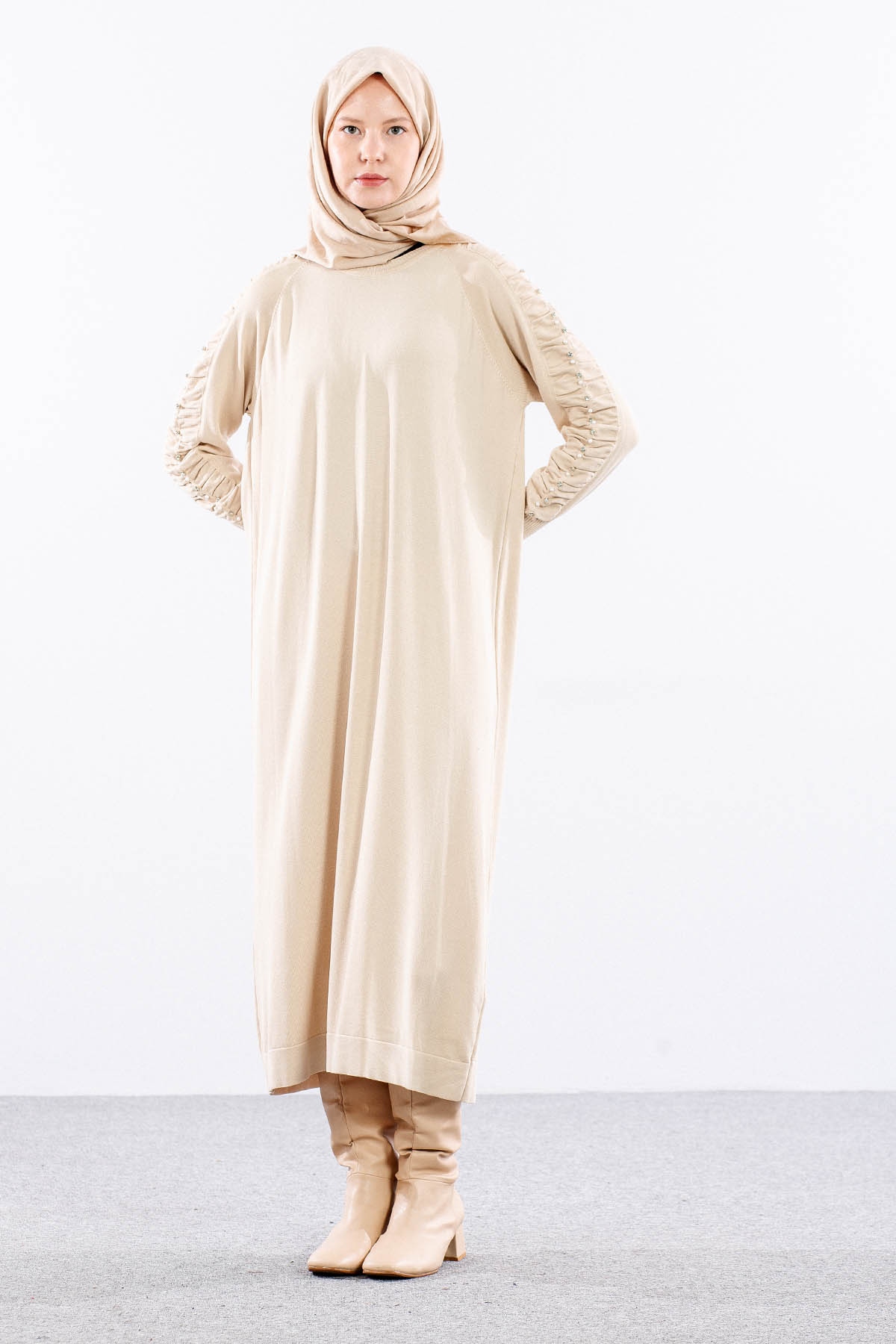 7055 Triko Elbise Tek - Bej - 2