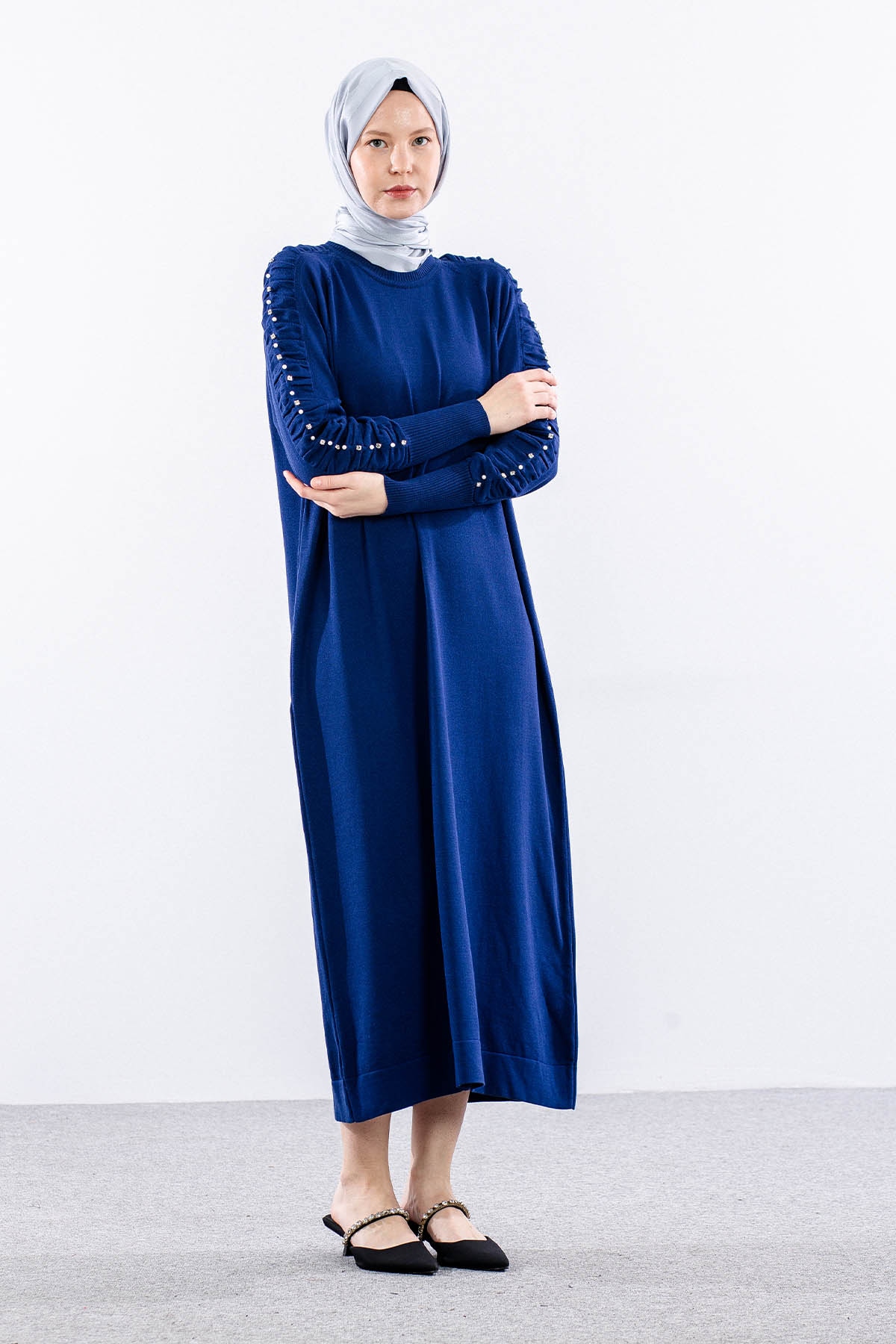 7055 Triko Elbise Tek - Indigo - 2