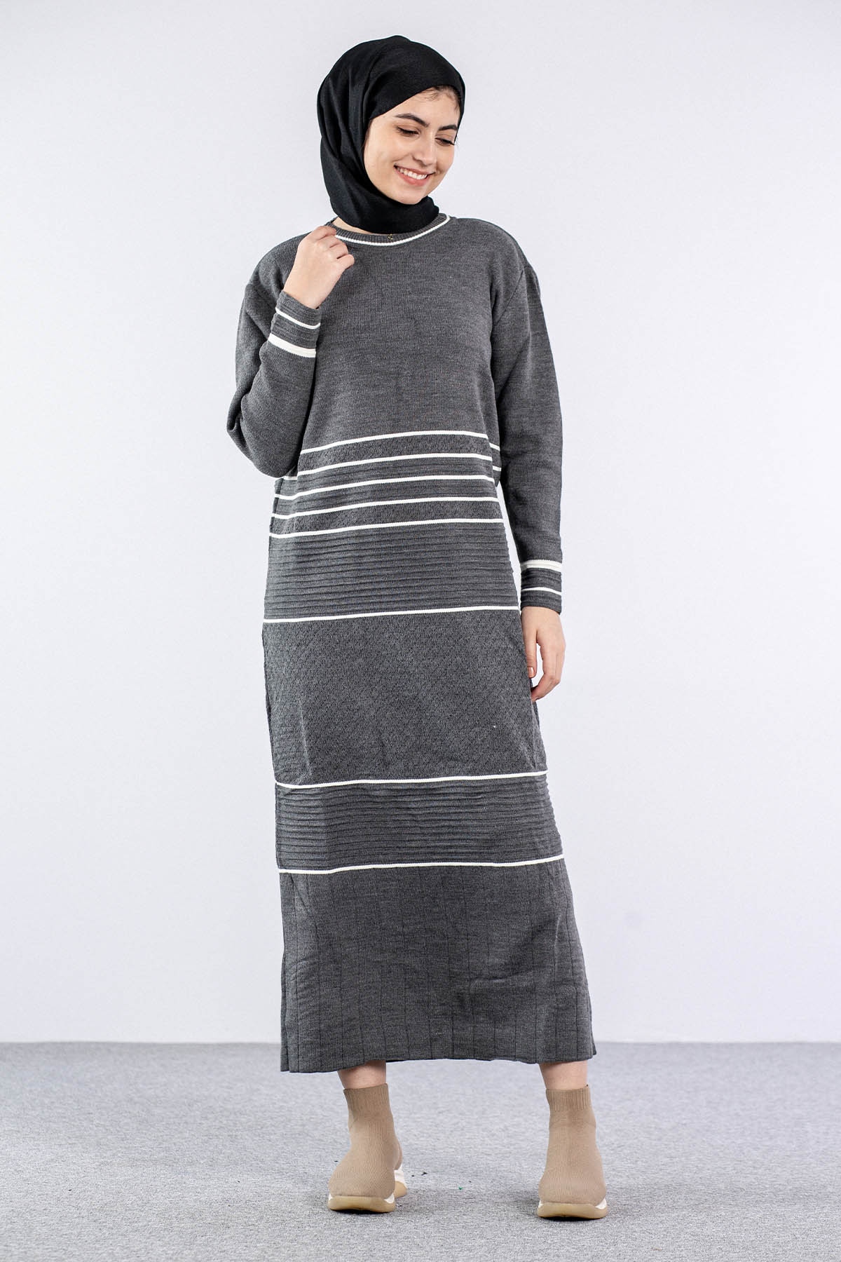 7070 Triko Elbise Tek - Antrasit - 1