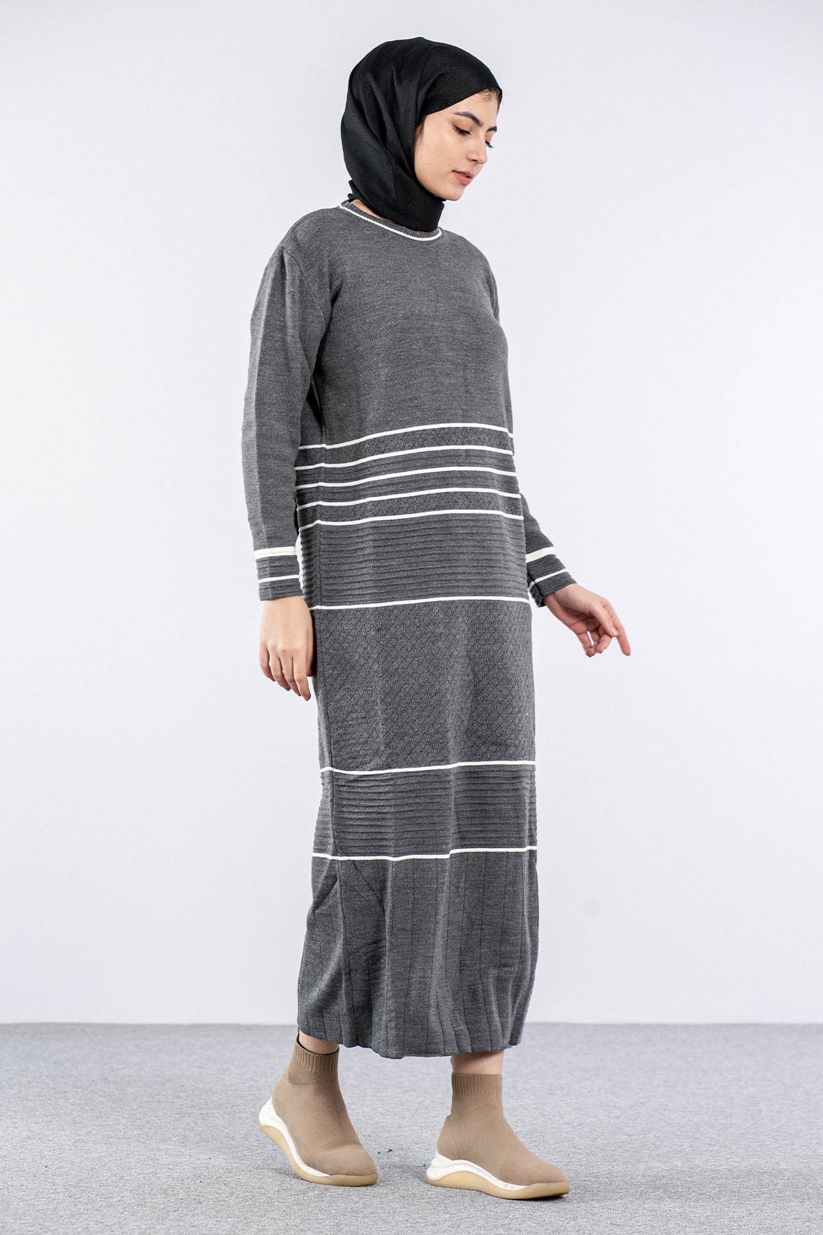 7070 Triko Elbise Tek - Antrasit - 2