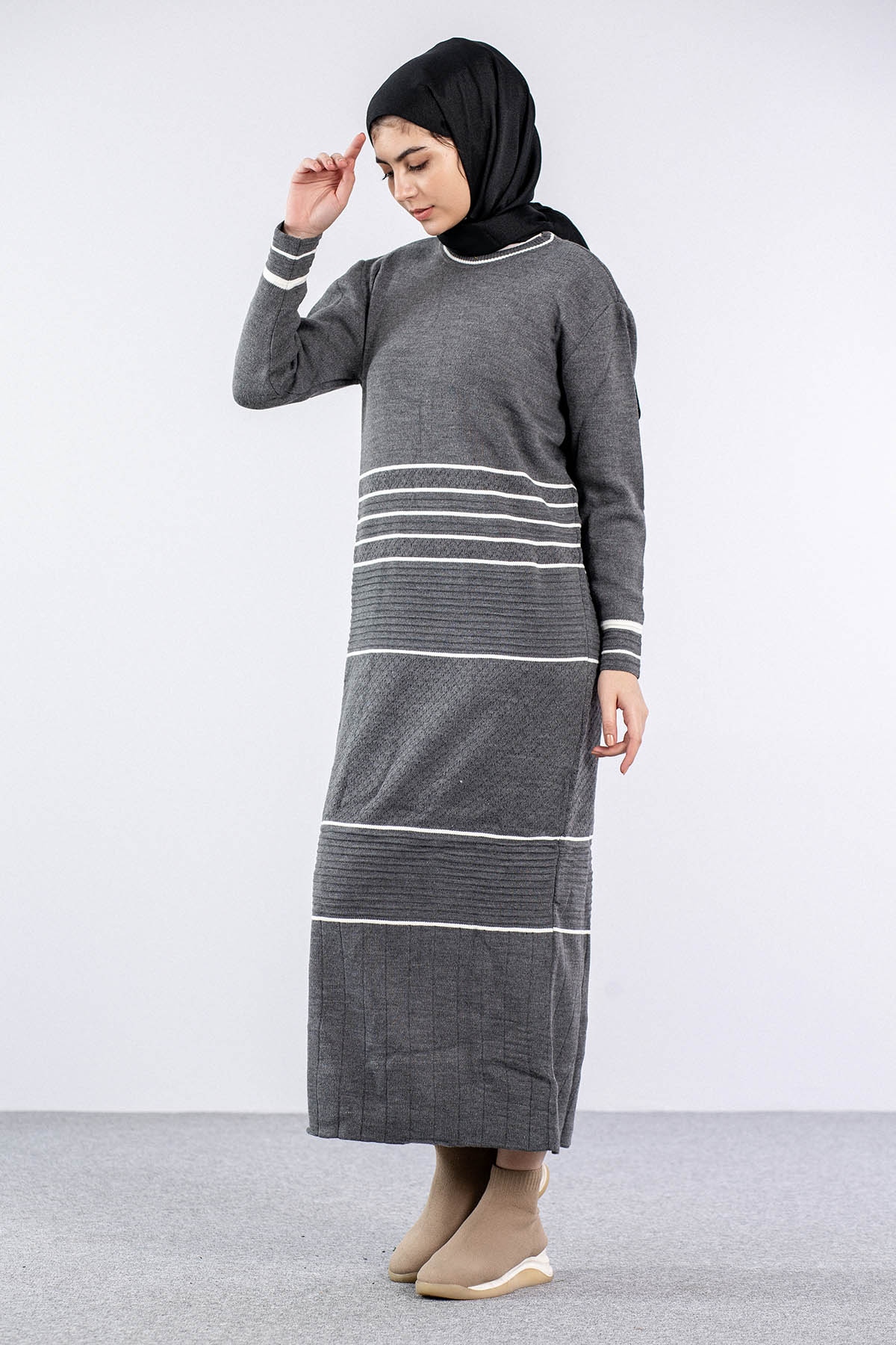 7070 Triko Elbise Tek - Antrasit - 3