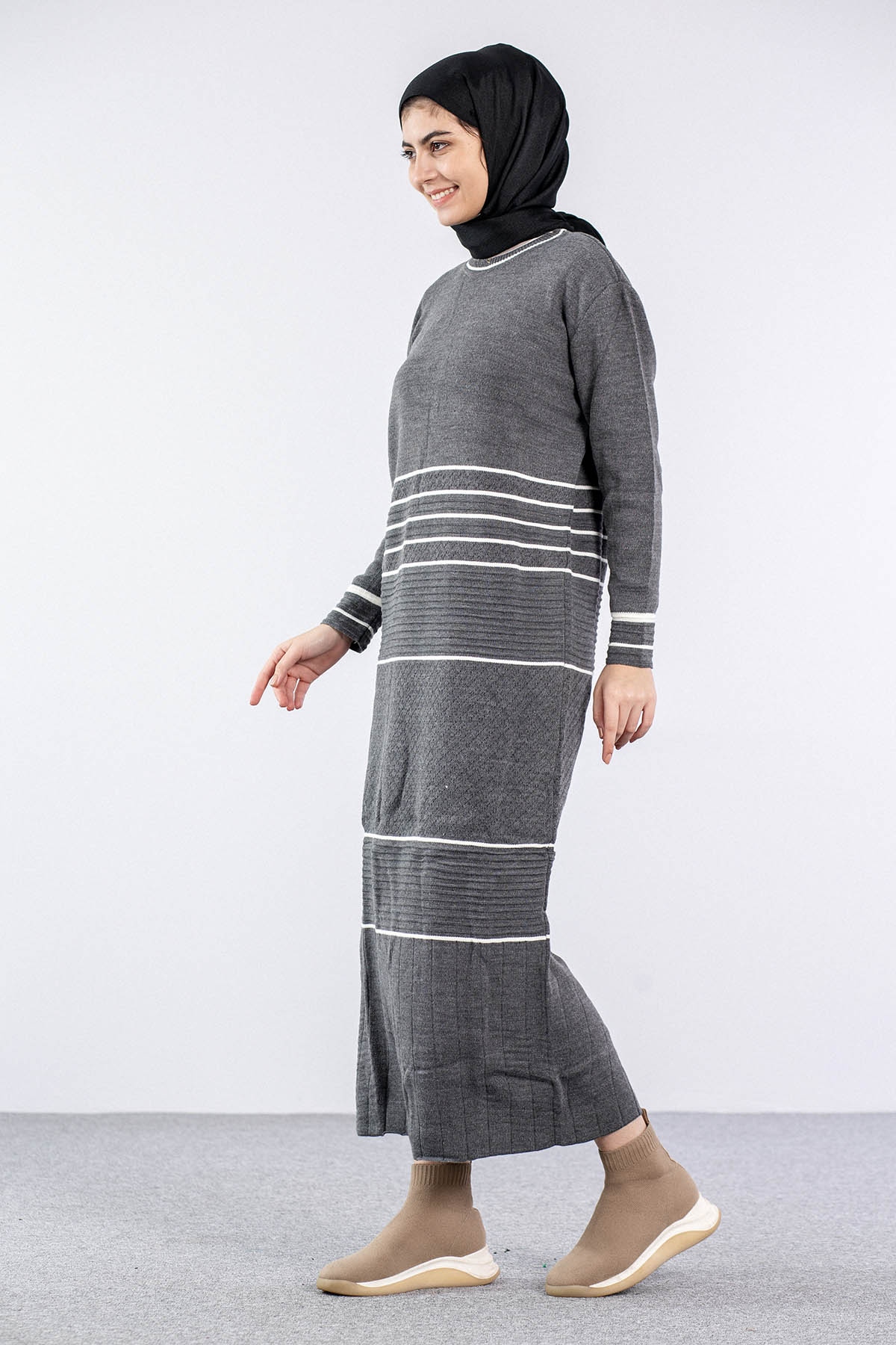 7070 Triko Elbise Tek - Antrasit - 4