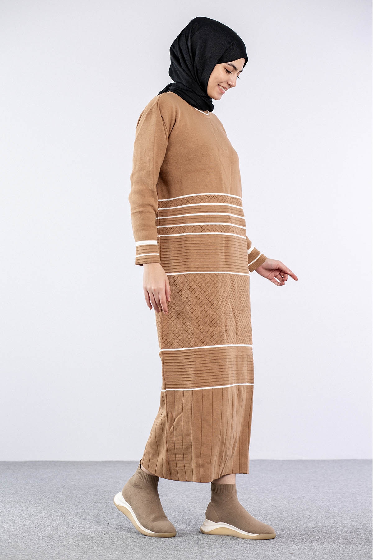 7070 Triko Elbise Tek - Camel - 2