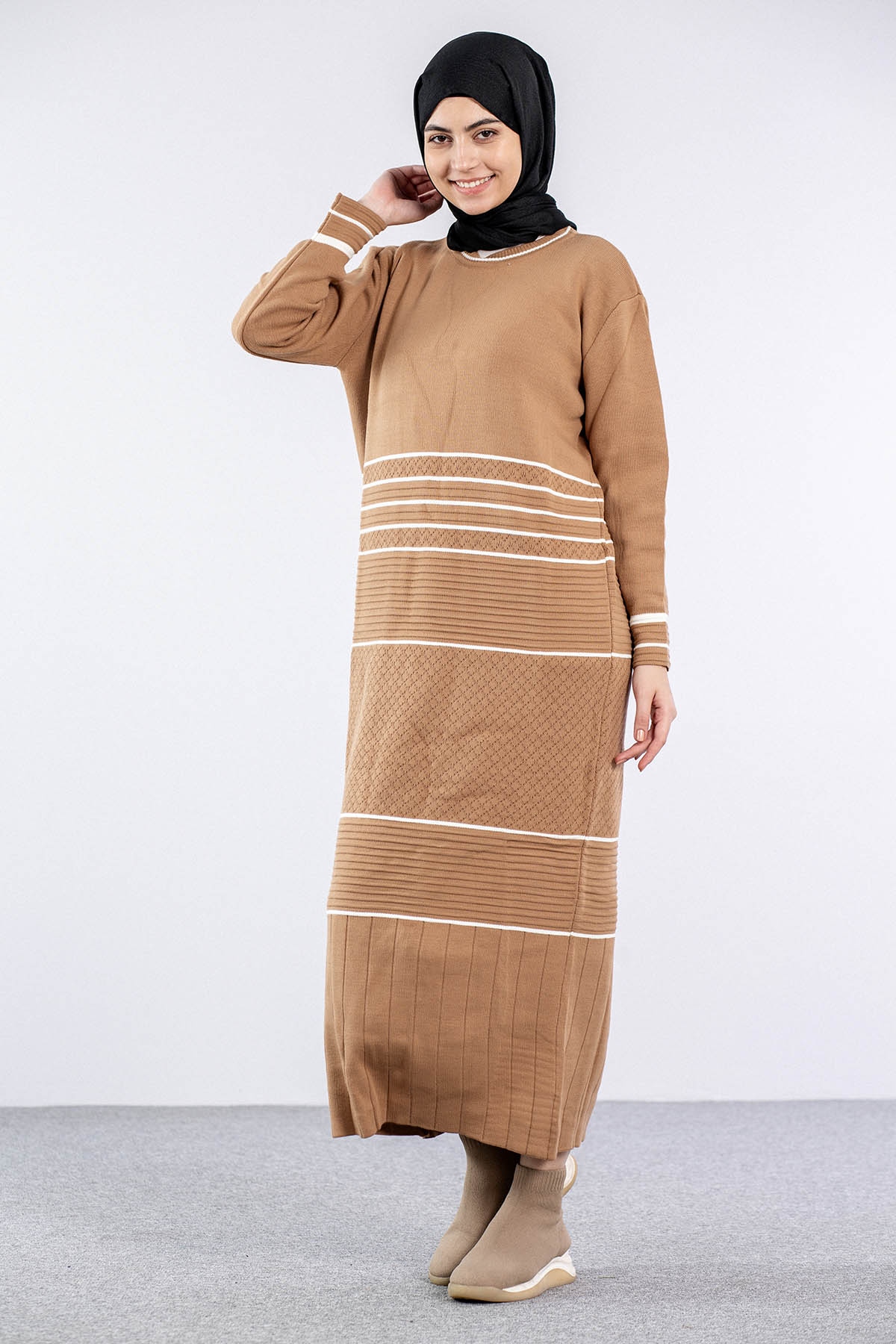 7070 Triko Elbise Tek - Camel - 3