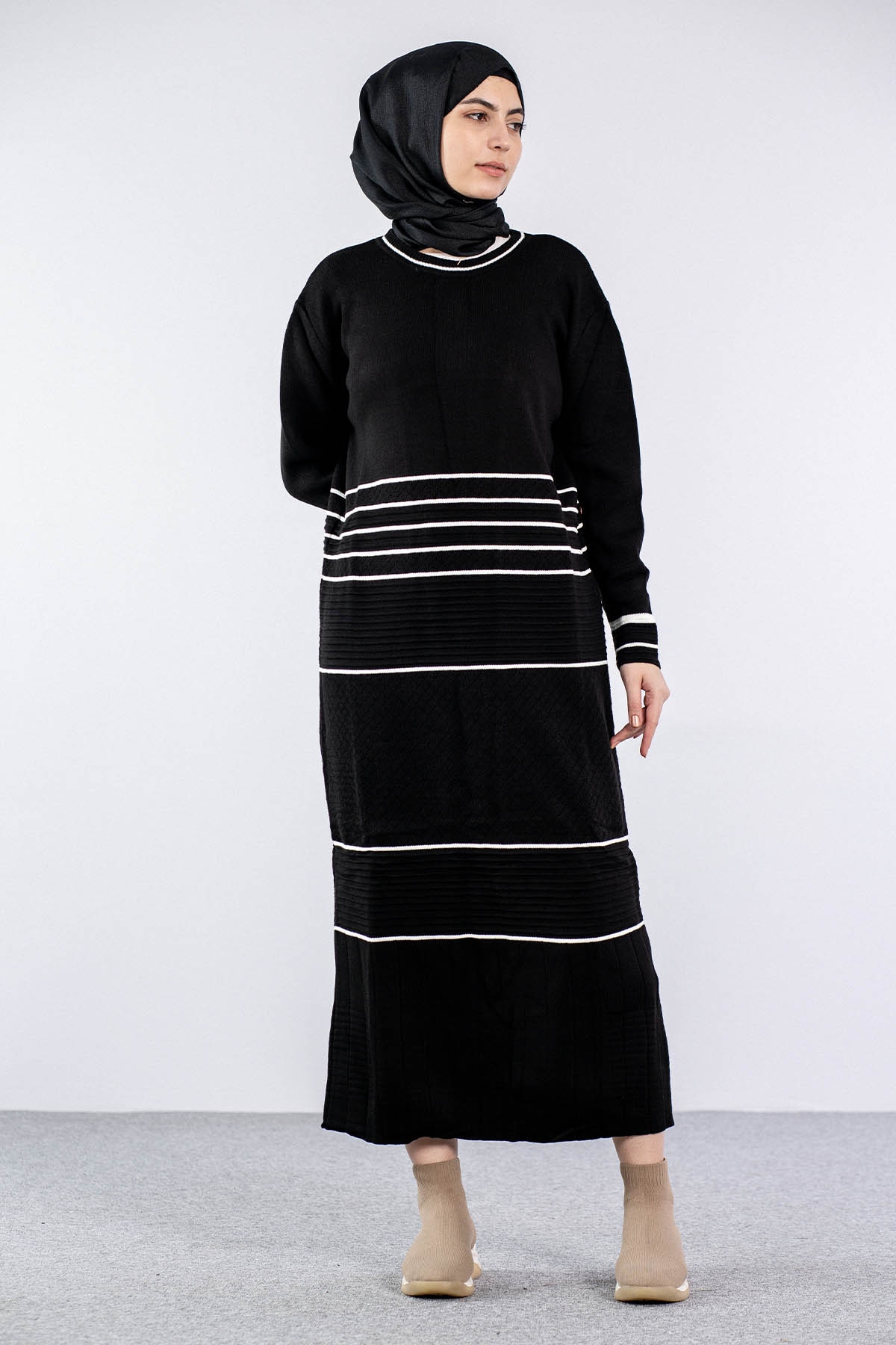 7070 Triko Elbise Tek - Siyah_beyaz - 1