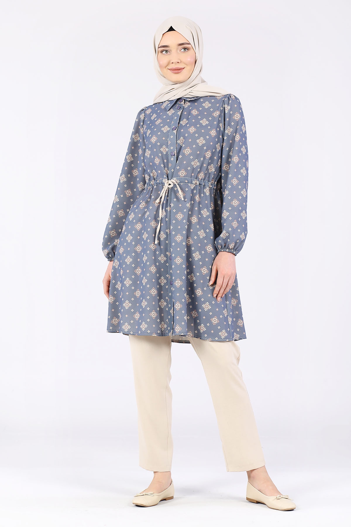 Önü Kuşaklı Pantolonlu Takım Mavi - 1